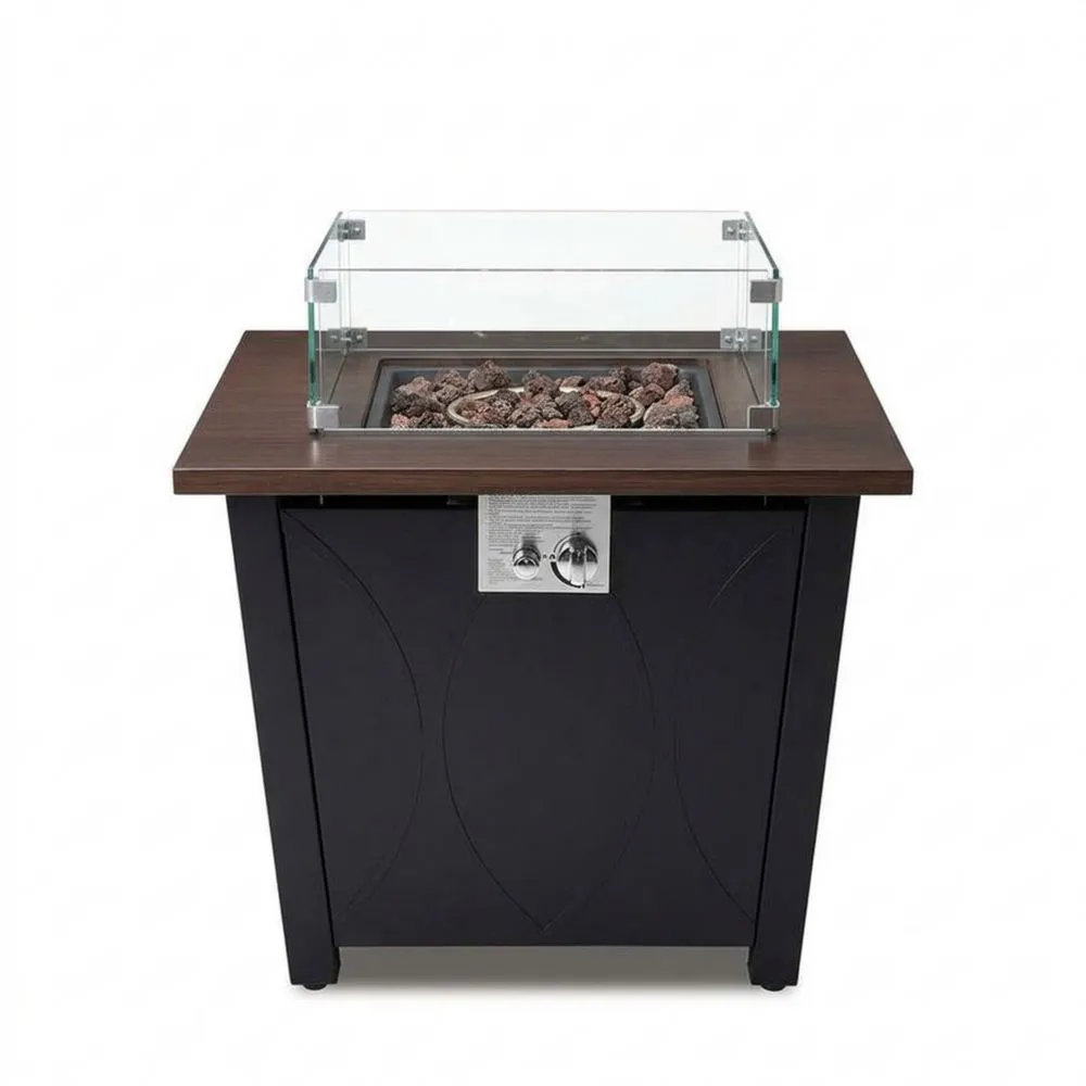 Gas-Feuertisch aus Edelstahl und Akazienholz, Braun/Schwarz