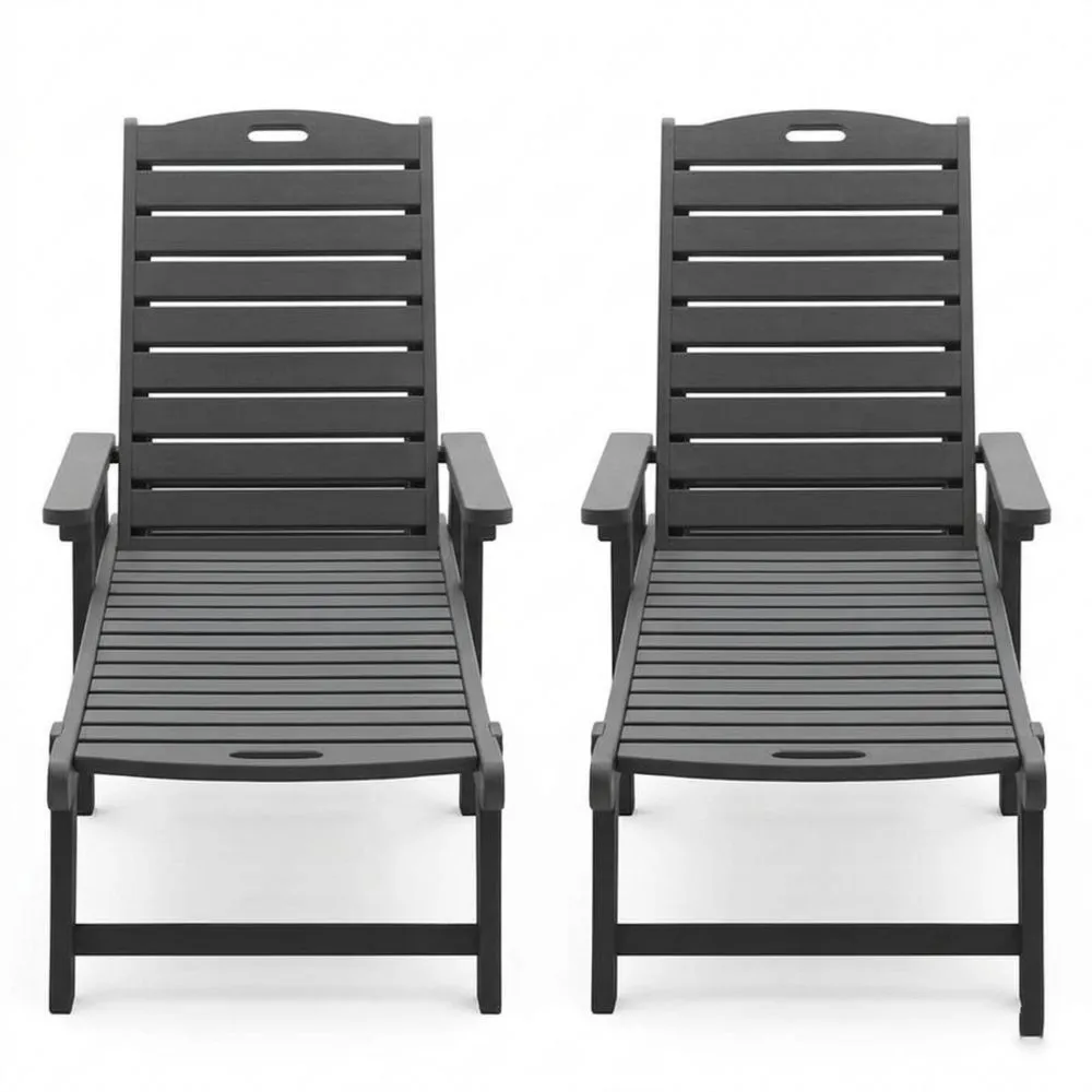 2er Set Sonnenliegen Polypropylen Holzoptik Grau