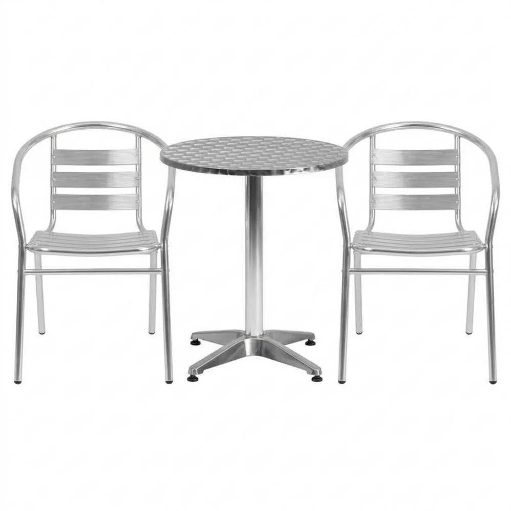 Bistro-Set aus Aluminium mit 2 Stühlen und rundem Tisch, Silber