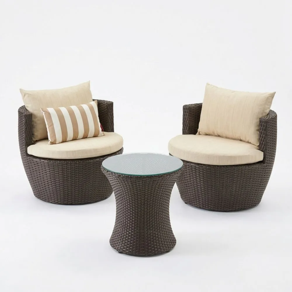 3-teiliges Garten-Loungeset aus Rattan mit Glastisch und Kissen in Dunkelbraun/Beige