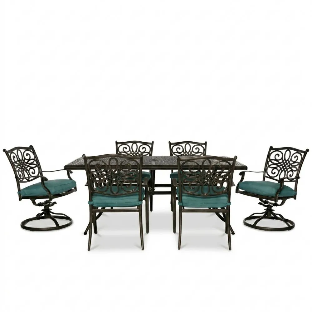 Garten-Essgruppe aus Aluminium mit Drehstühlen und rechteckigem Tisch in Dunkelbronze/Blau