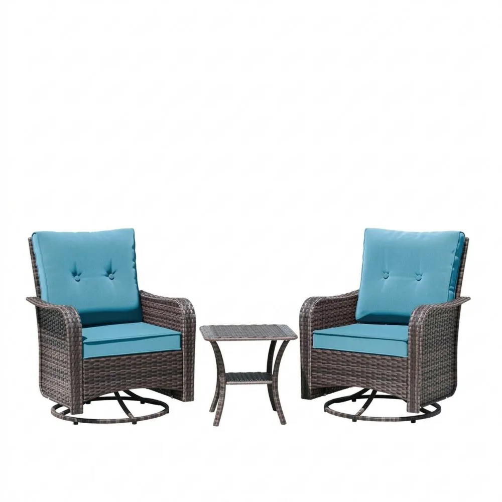 3-teiliges Outdoor-Loungeset aus PE-Rattan mit blauen Polyesterkissen