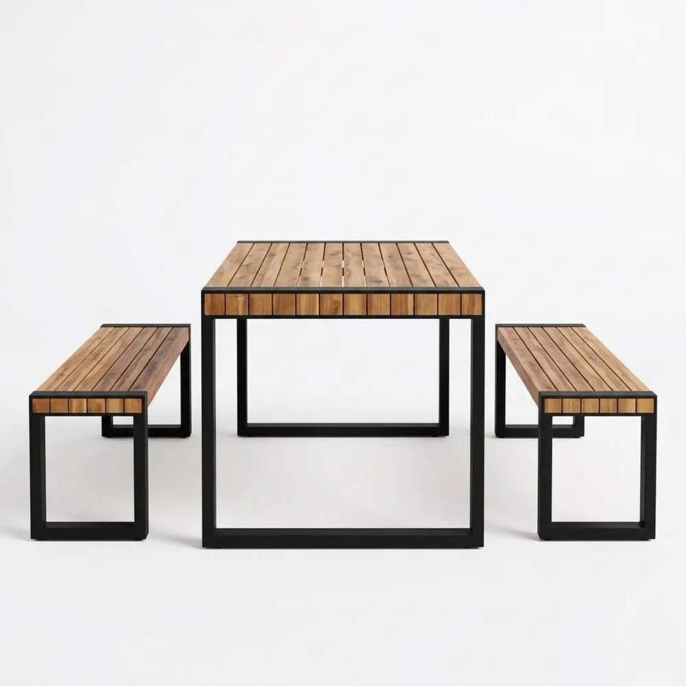 Garten-Essgruppe aus Akazienholz mit Tisch und 2 Bänken, Stahlrahmen