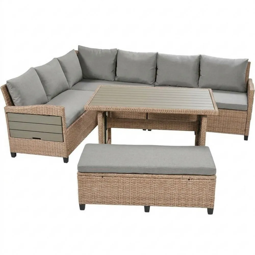 Polyrattan Lounge Set mit Ecksofa, Tisch und Bank in Grau