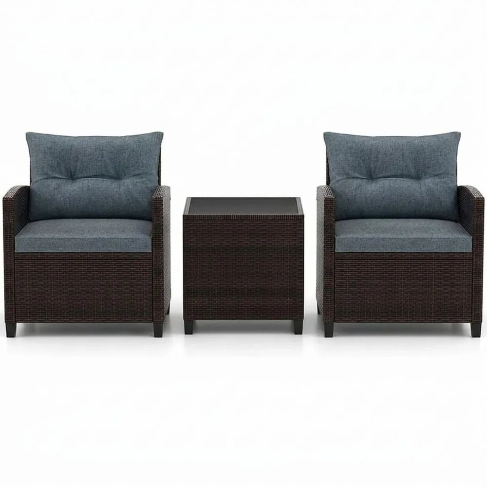 Rattan-Garten-Loungeset mit Sesseln und Tisch aus Stahl mit Glasplatte in Blau