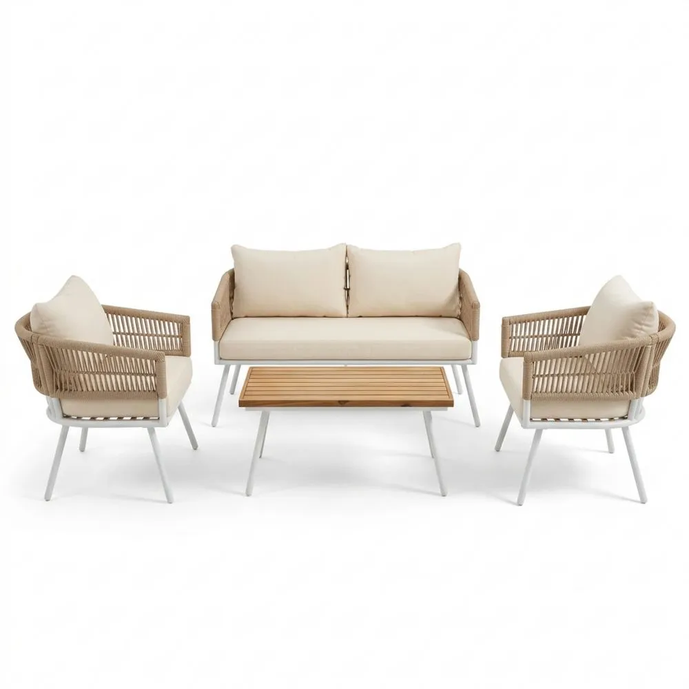 4-teiliges Gartenset mit Sofa, 2 Sesseln und Tisch aus Aluminium und Teakholz in Beige