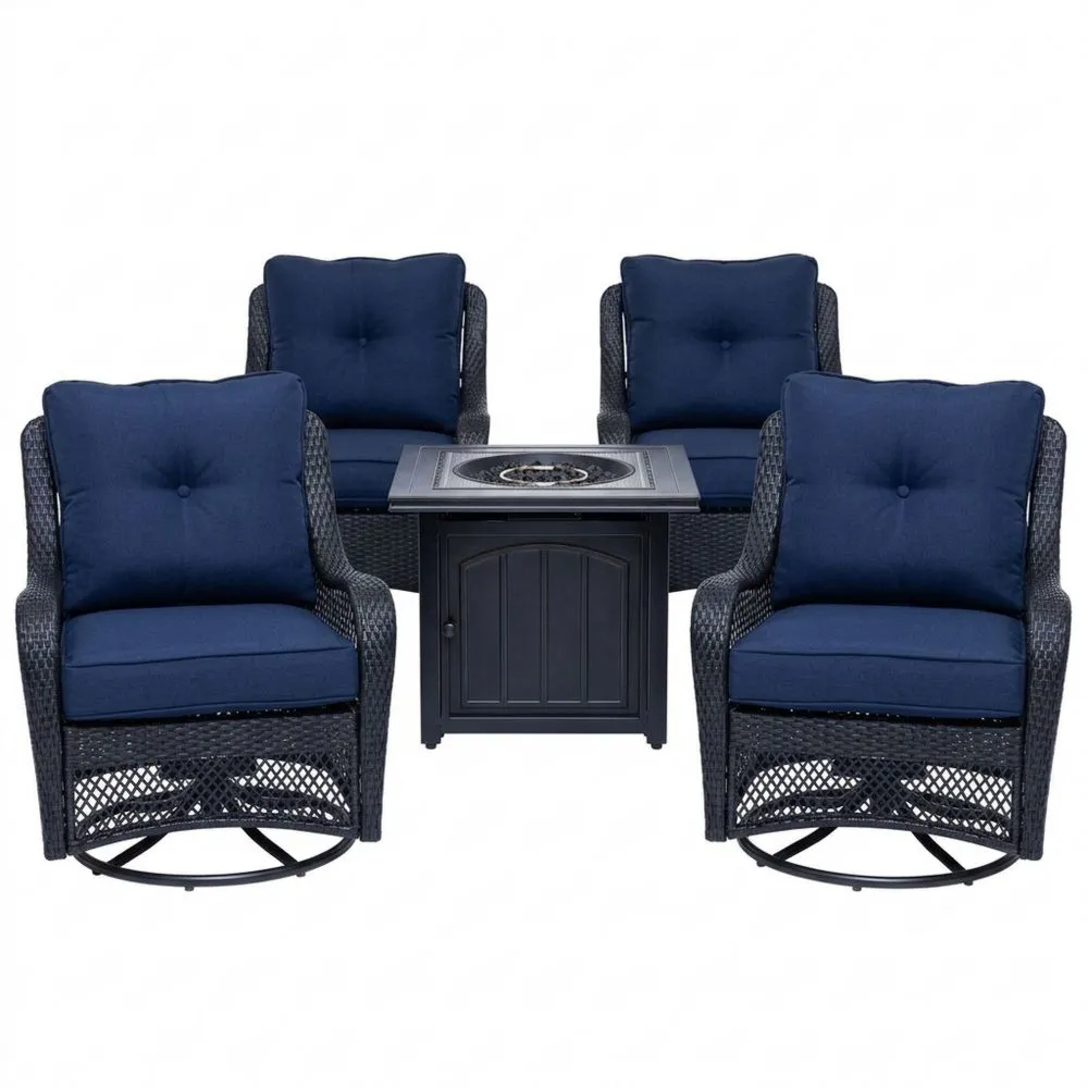 5-teiliges Garten-Loungeset mit Rattan-Stühlen und Feuerstelle in Blau