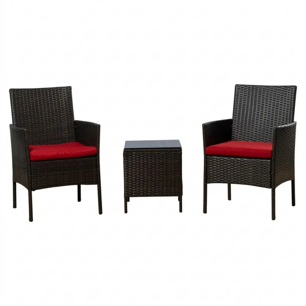 3-teiliges Garten-Loungeset aus Rattan in Schwarz/Rot mit abnehmbaren Kissen