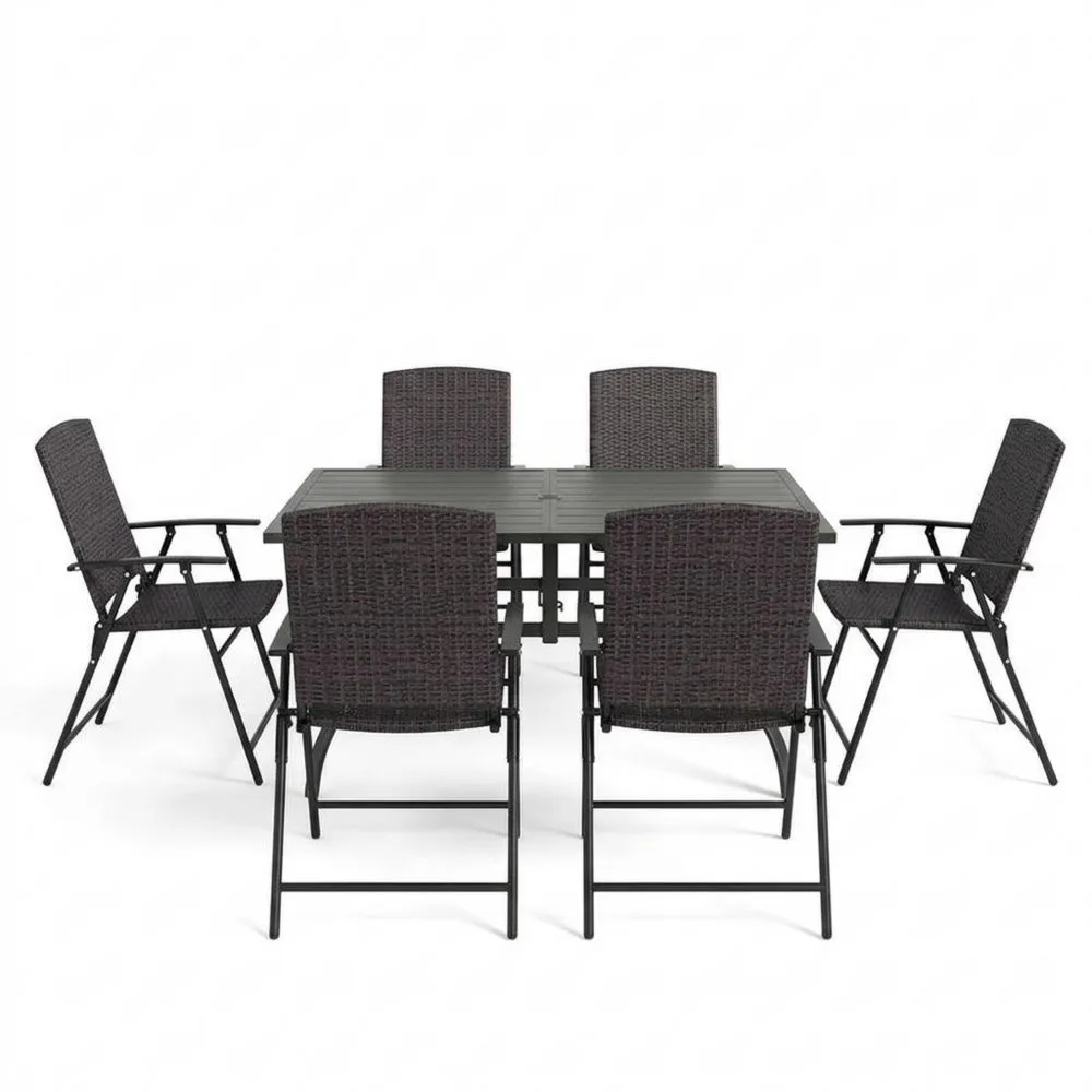Gartentischset Rechteckig 6-teilig mit Klappstühlen Aluminium Polyrattan Dunkelbraun