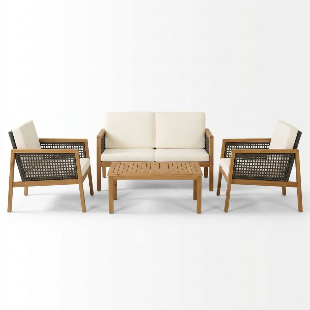 4-teiliges Garten-Sofaset aus Teakholz und Rattan in Creme