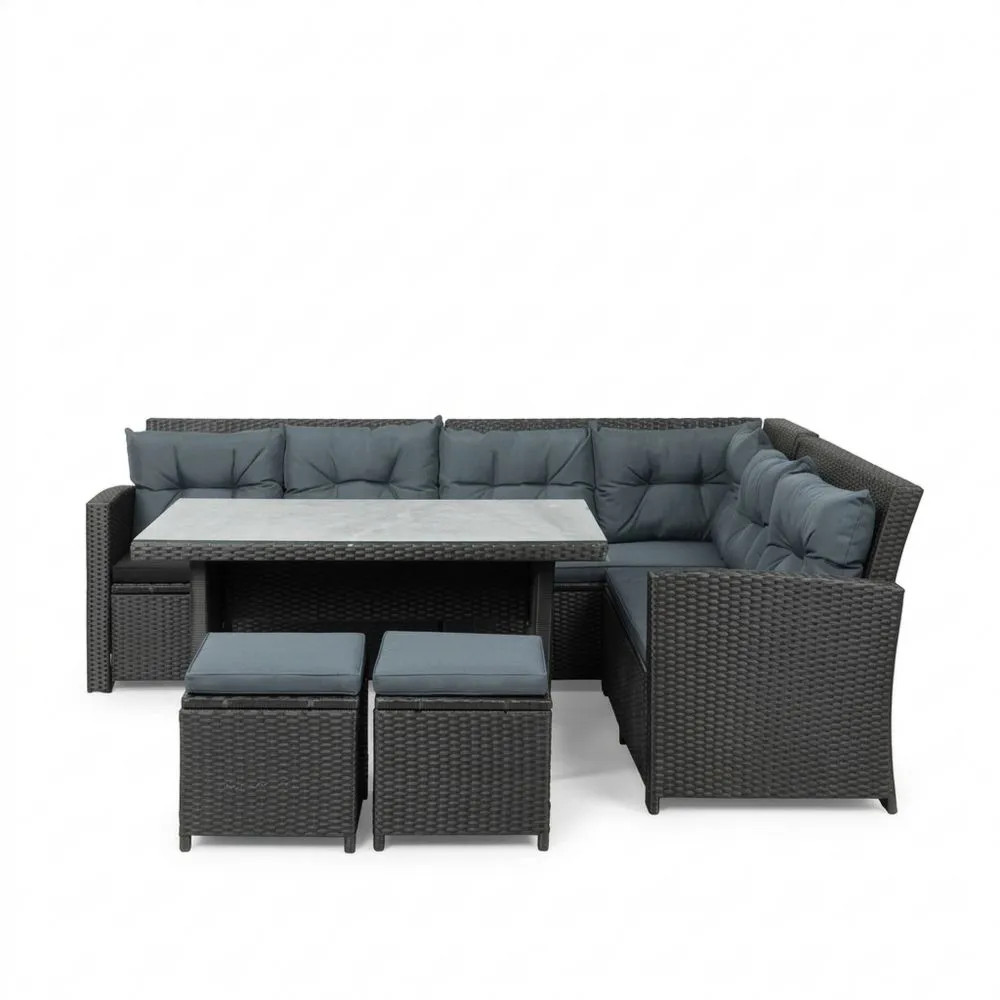 Ecksofa Set Rattan Aluminium mit Glastischplatte