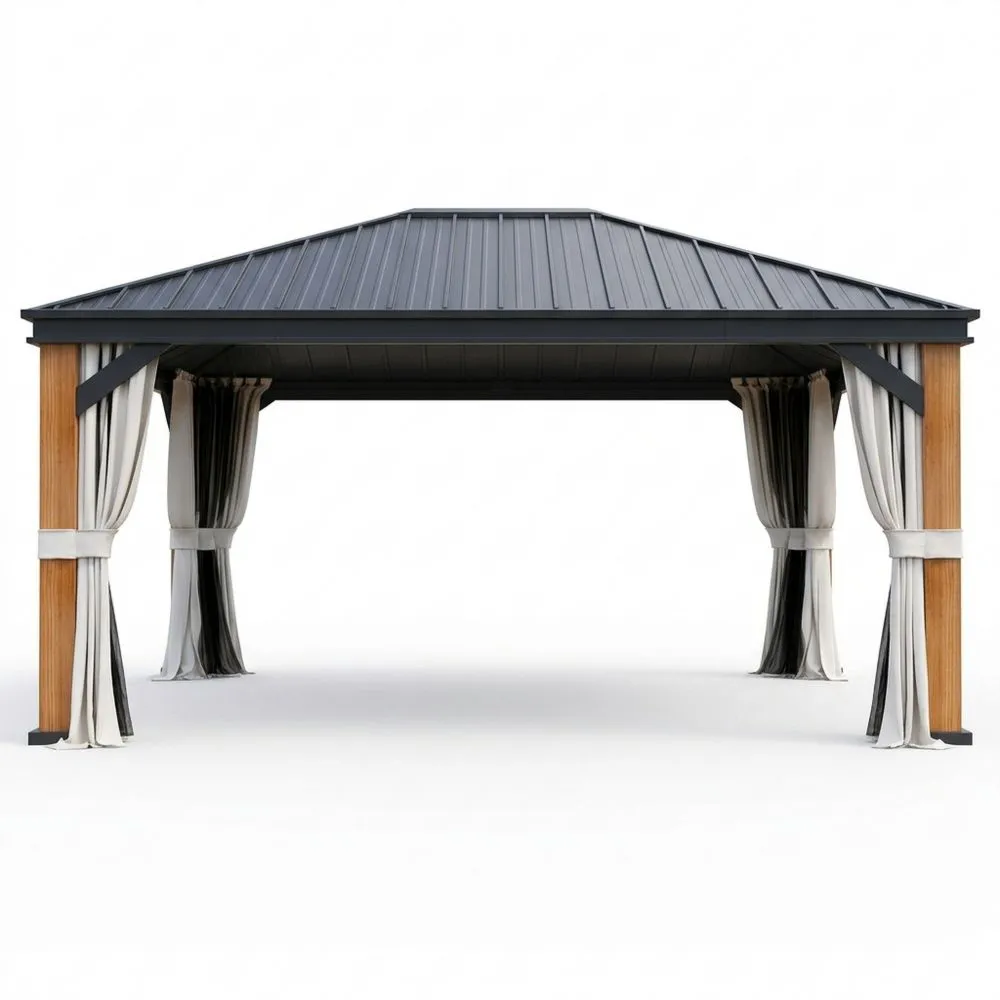 Pavillon aus Edelstahl mit Aluminiumdach und Polyester-Vorhängen Schwarz/Natur