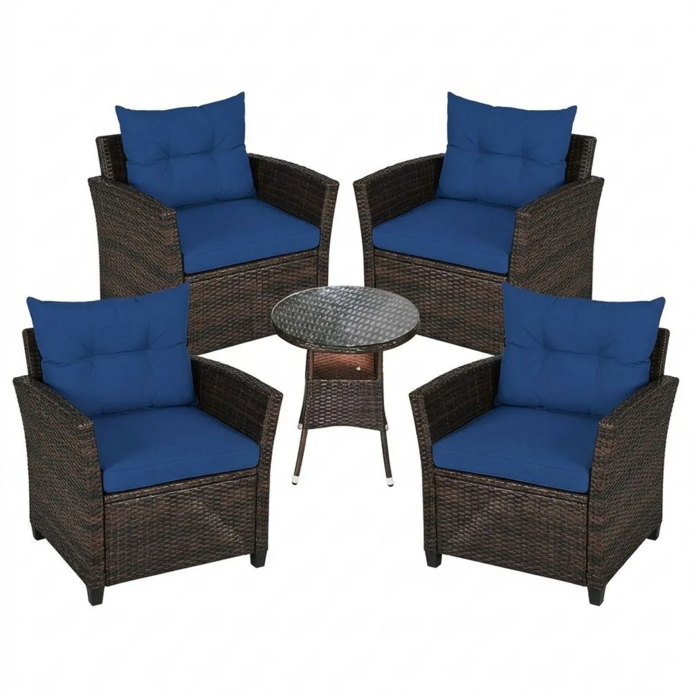 Rattan-Garten-Loungeset mit 4 Stühlen, 1 Tisch und blauen Kissen