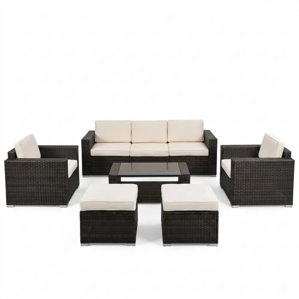 Rattan-Garten-Sofaset mit Kissen und Glastisch in Braun/Beige