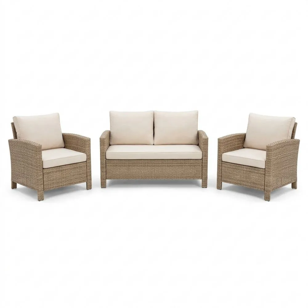 3-teiliges Polyrattan-Garten-Loungeset in Creme