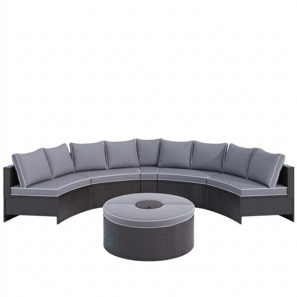Halbkreisförmiges Rattan-Garten-Sofa-Set mit Aluminiumrahmen, Grau, inkl. Tisch