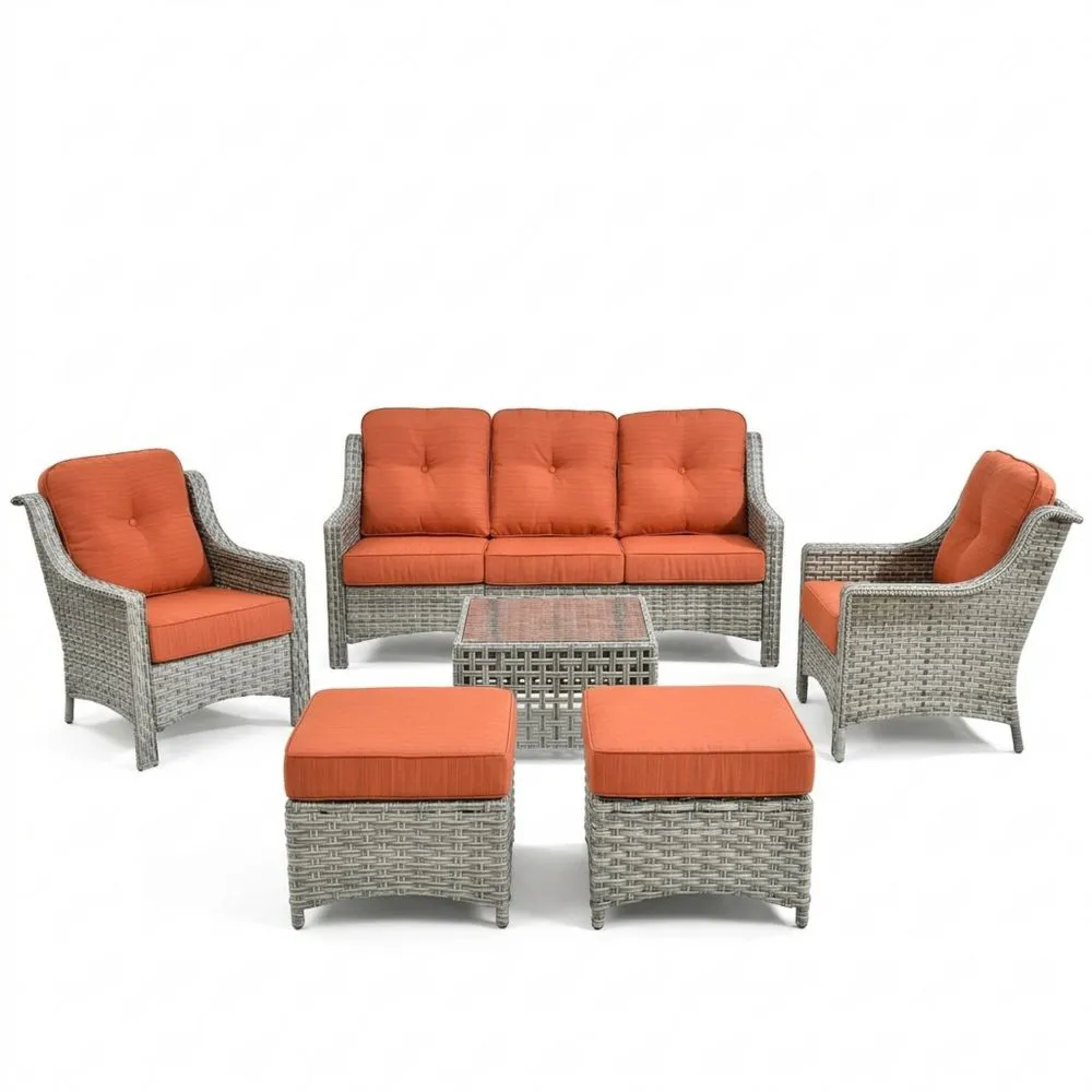 6-teiliges Rattan-Garten-Sofa-Set in Grau und Orange