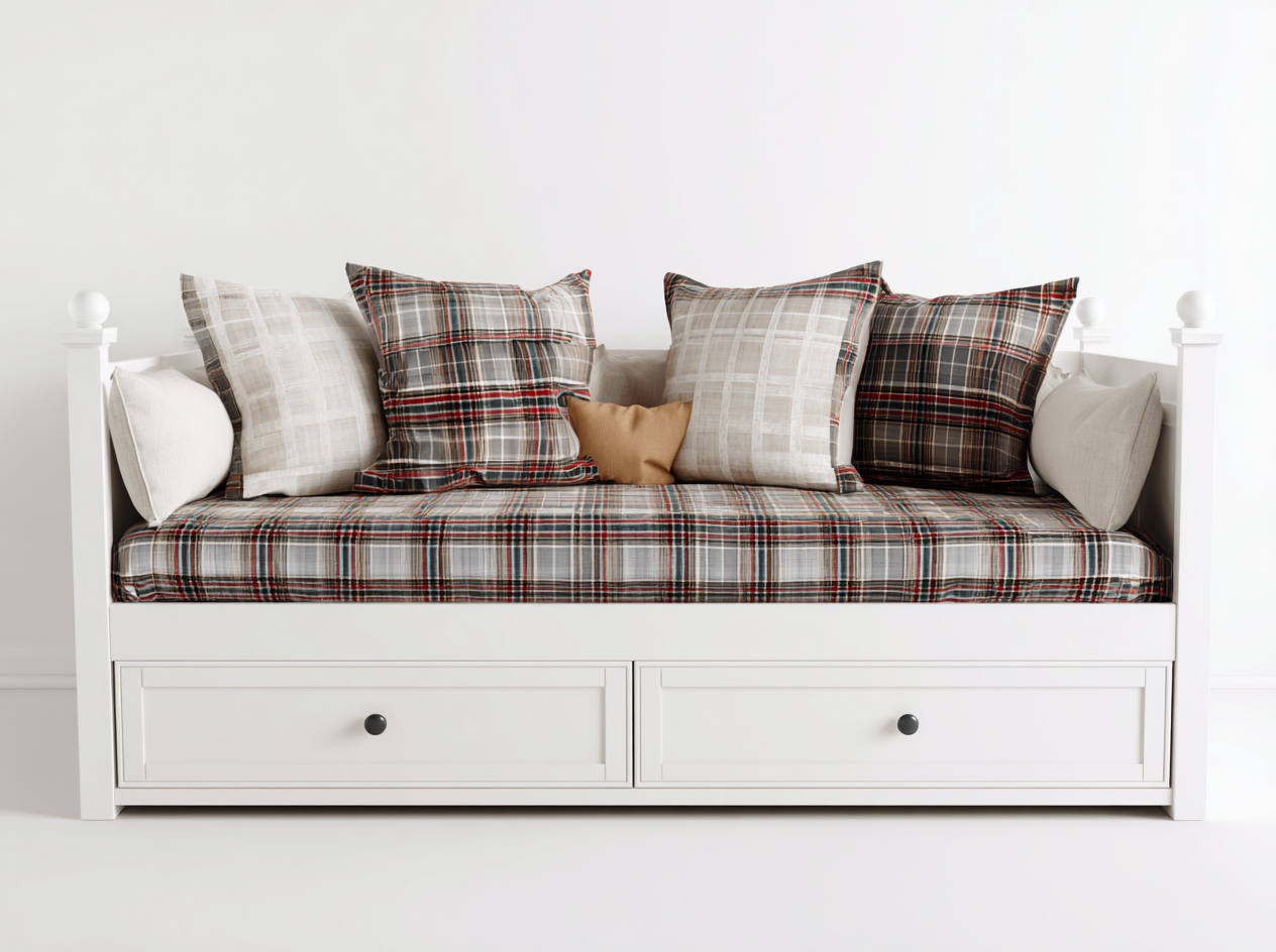 Sofa z funkcją spania-drewno-tkanina-211x97x87 cm-biały-wielokolorowy-rustykalny-Mivaloft