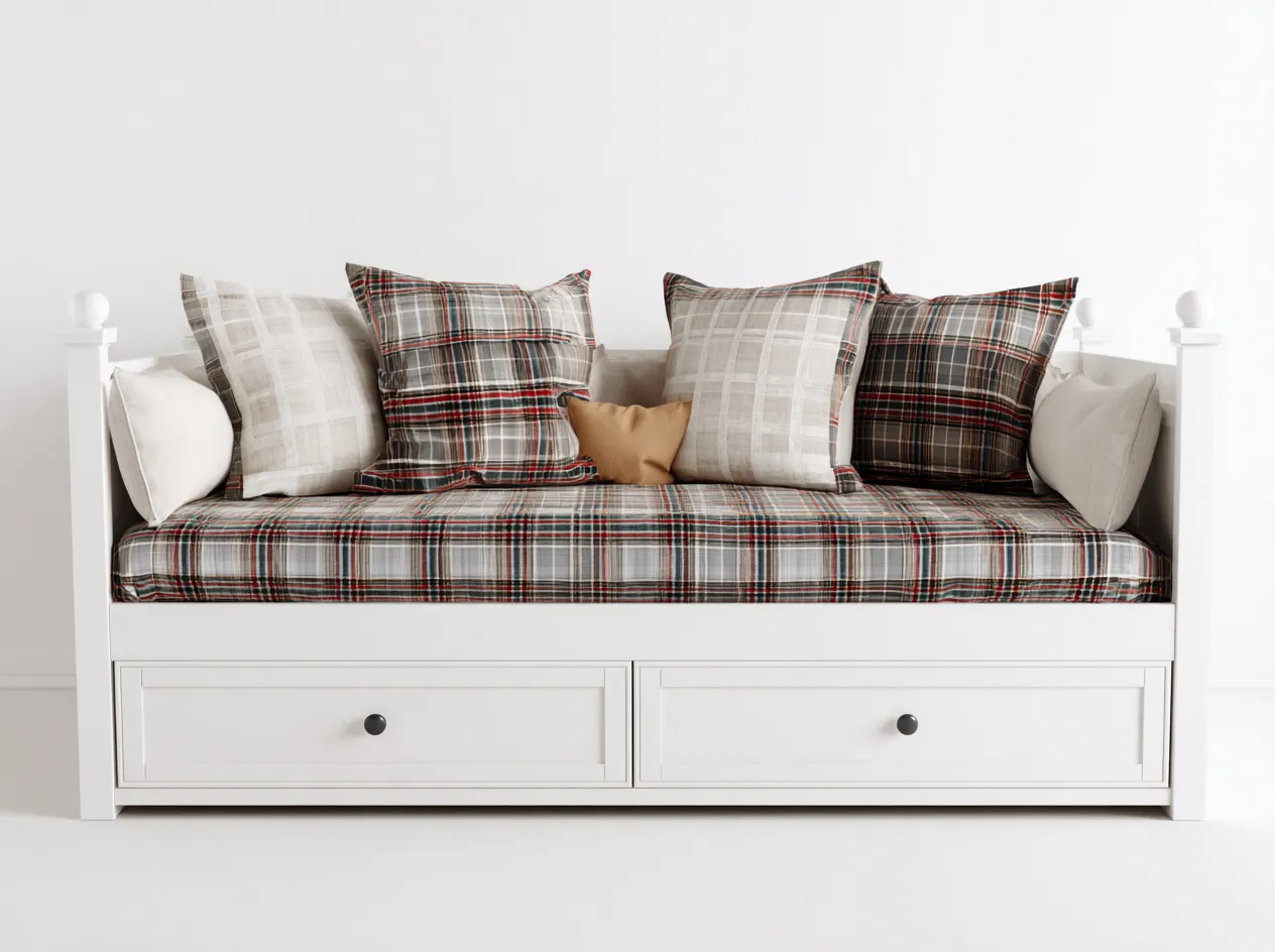 Sofa z funkcją spania-drewno-tkanina-211x97x87 cm-biały-wielokolorowy-rustykalny-Mivaloft