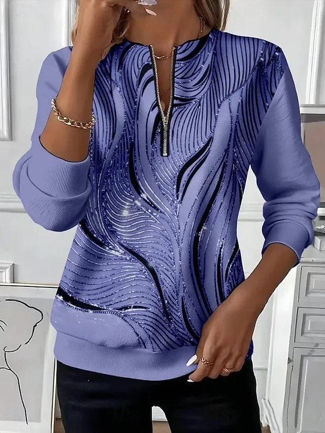 🔥CLEARANCE SALE🔥 ✨Women’s Casual Top Color Block Print Zip V-Neck Long Sleeve Blouse