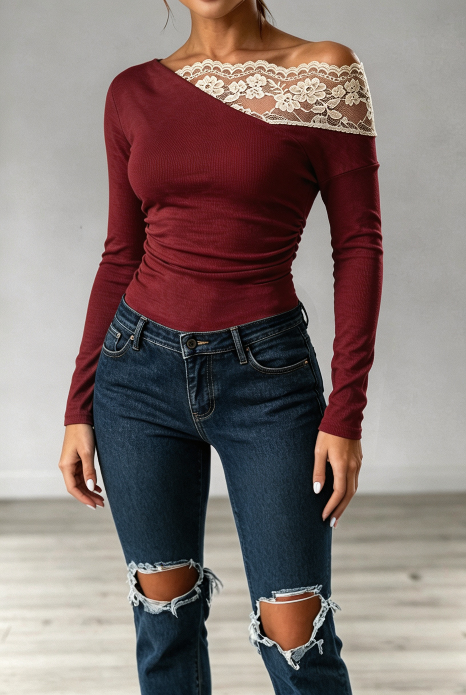 Women Elegant Lace Trim Off-Shoulder Ruched Top