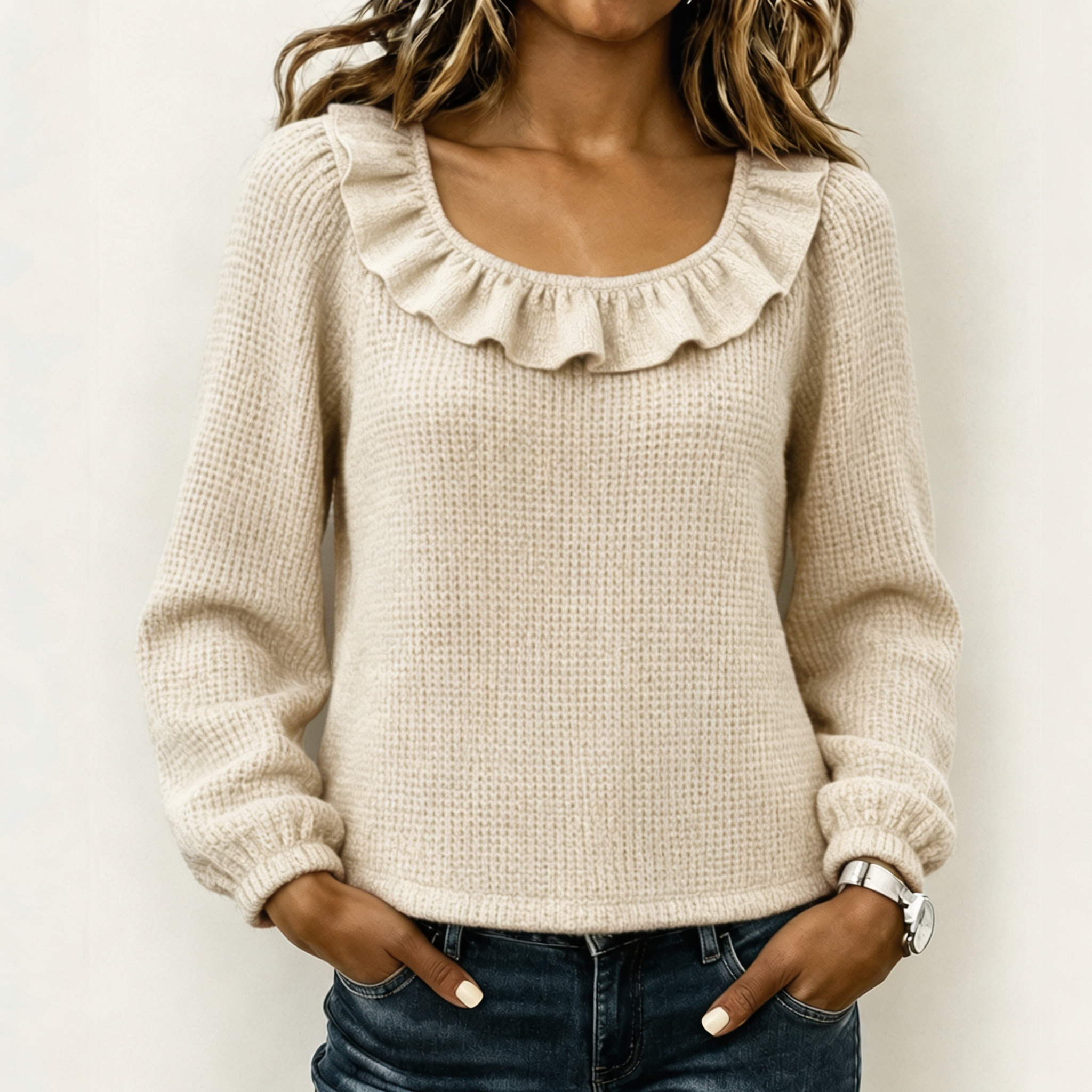 Women Ruffled Neckline Textured Knit Sweater