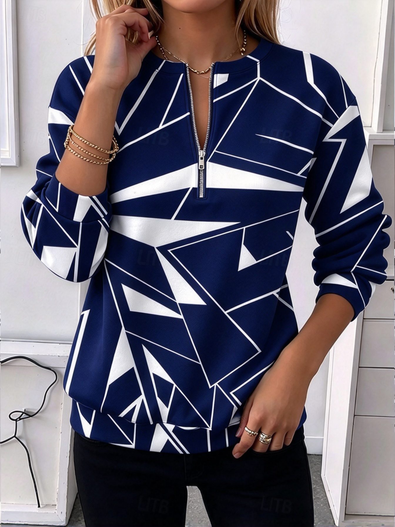 🔥CLEARANCE SALE🔥 ✨Women Geometric Print Half-Zip Pullover