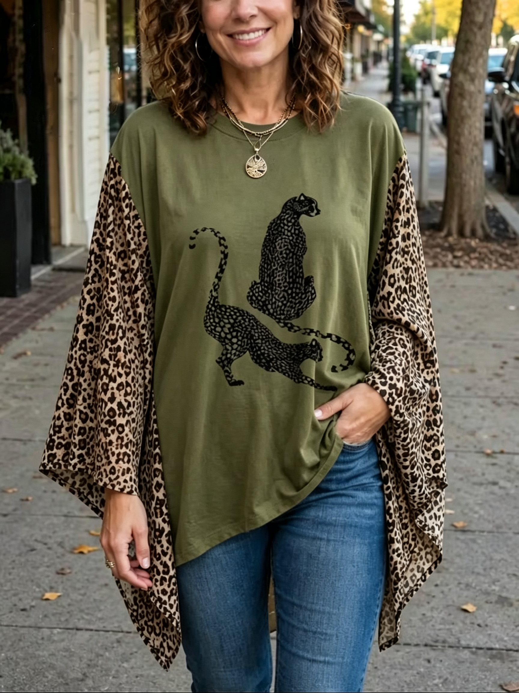 Charcoal Leopard Graphic Tunic with Flowy Animal Print Sleeves