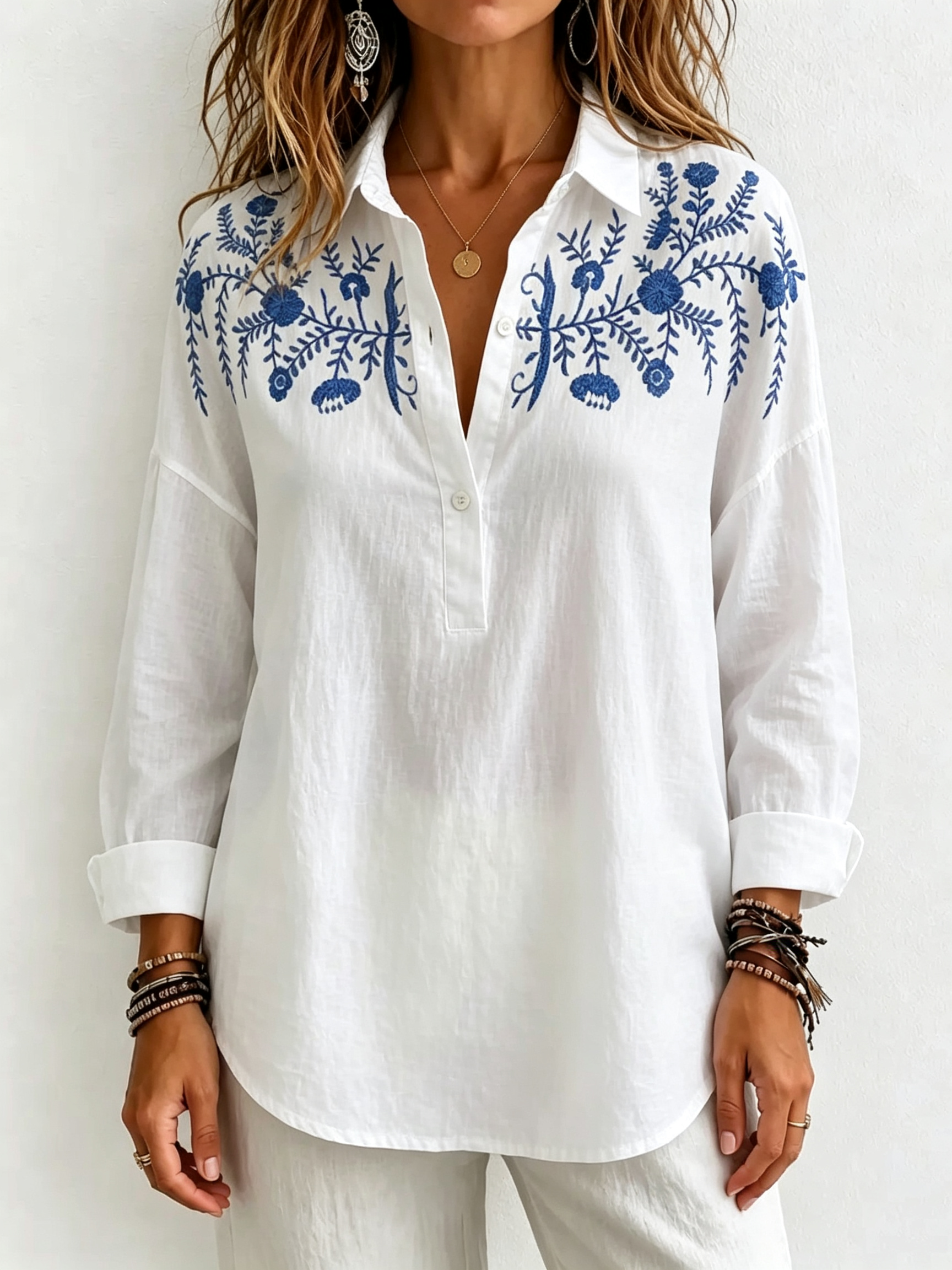 Women Embroidered Linen-Blend Button Tunic