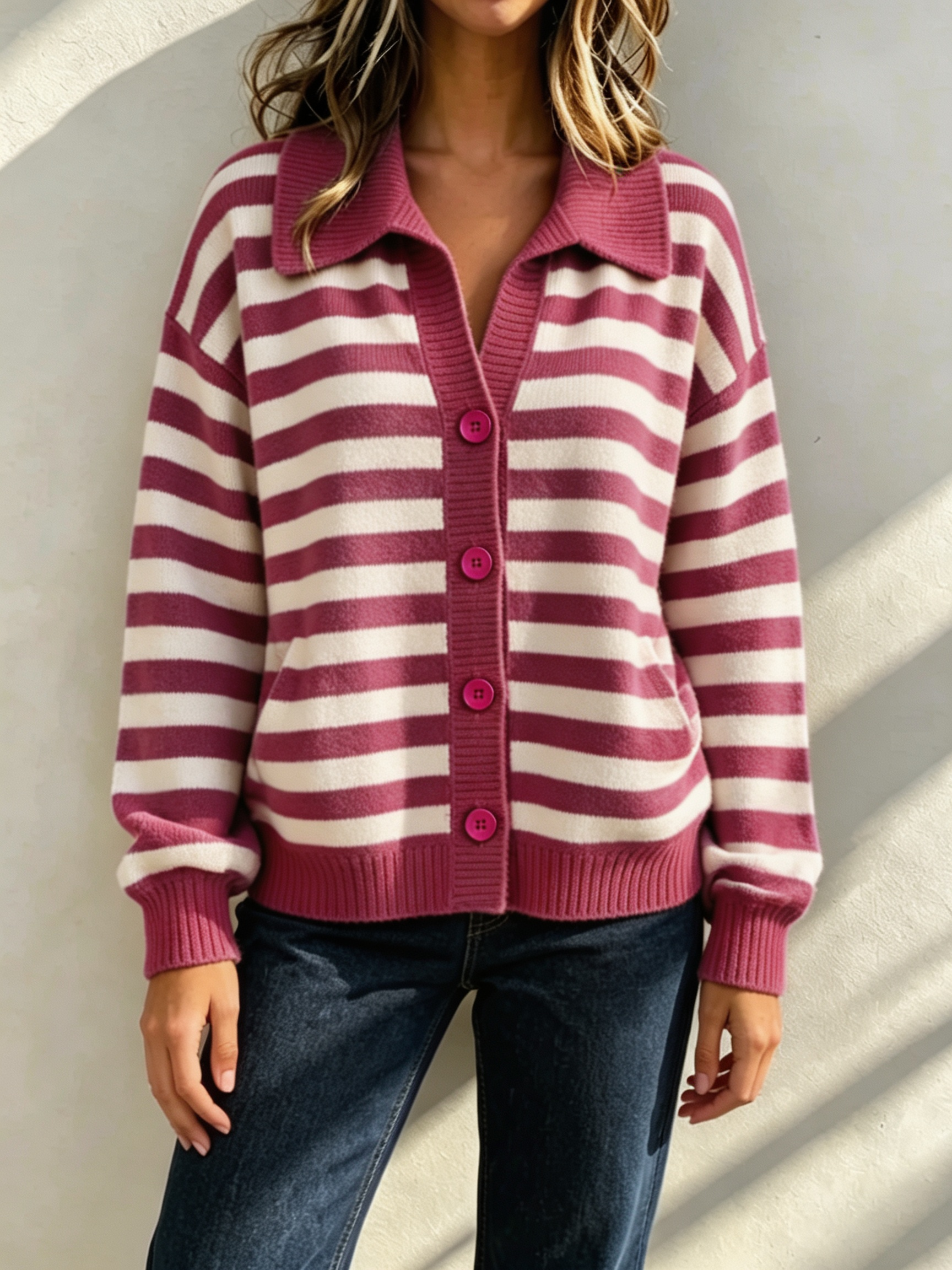 Women Cozy Striped Collared Knit Cardigan