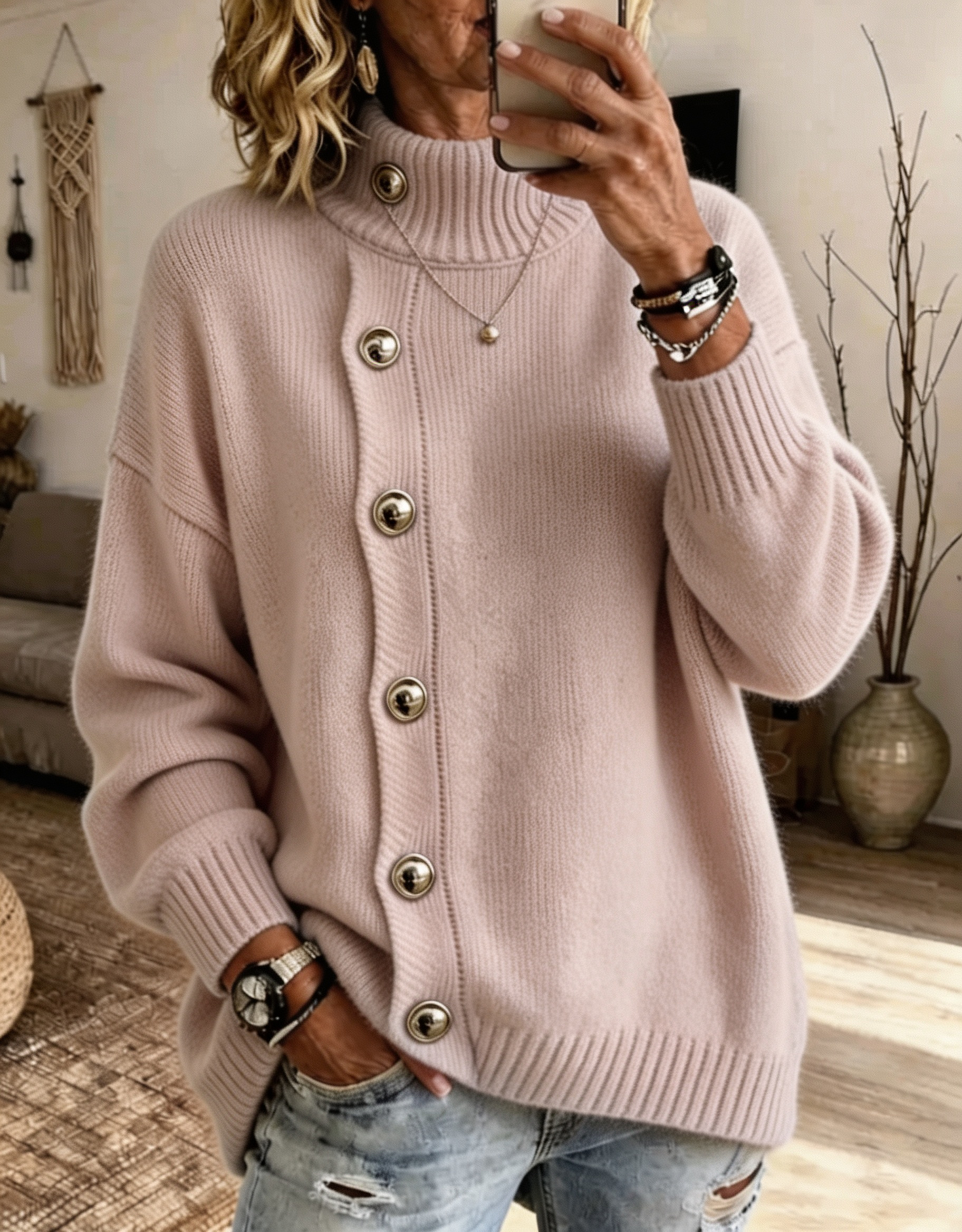 Women Stand‑collar Button Knit Sweater