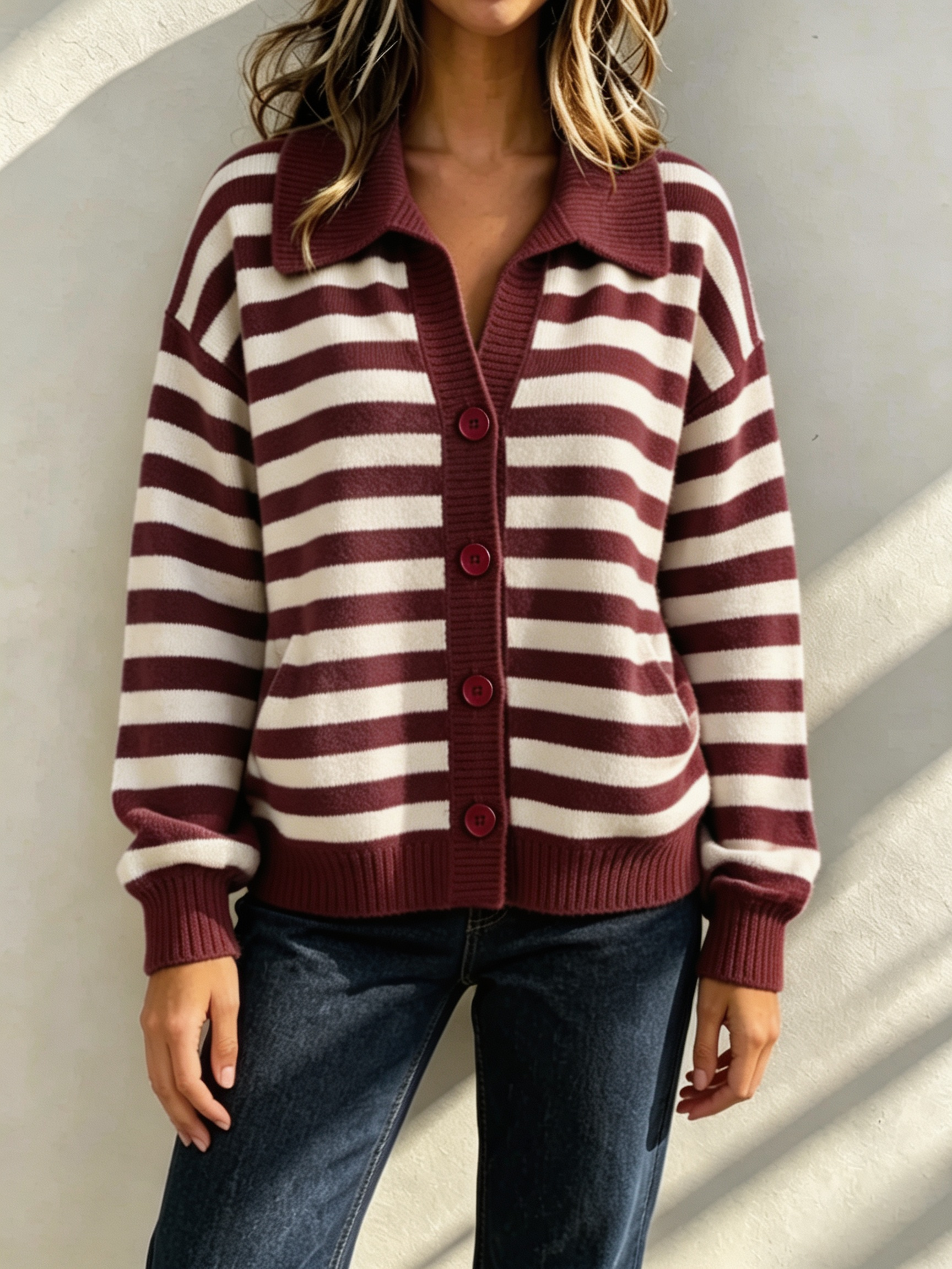 Women Cozy Striped Collared Knit Cardigan