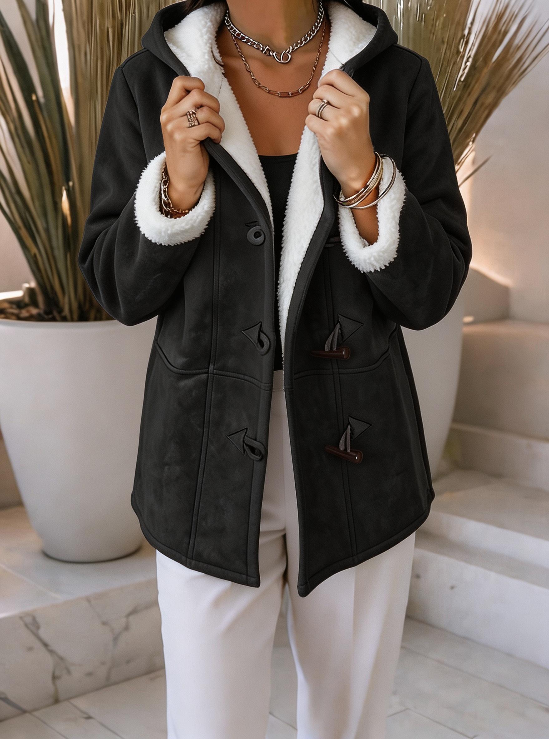 Women Cozy Sherpa-Lined Hooded Jacket