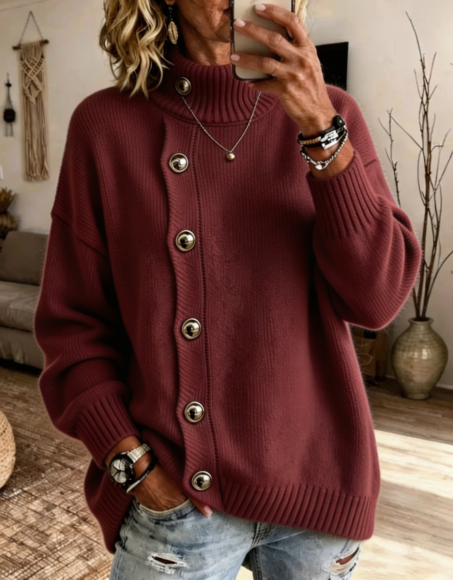 Women Stand‑collar Button Knit Sweater
