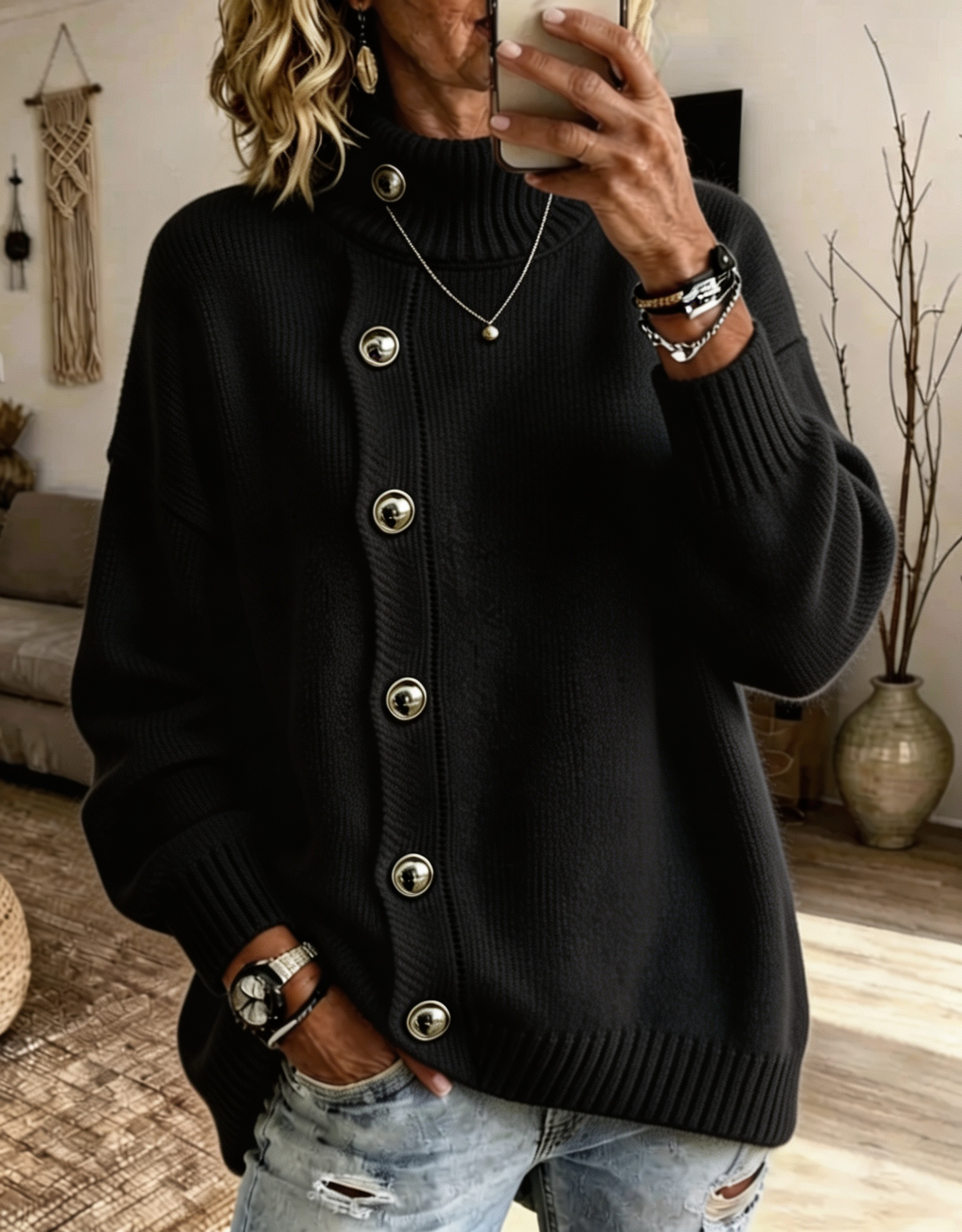 Women Stand‑collar Button Knit Sweater