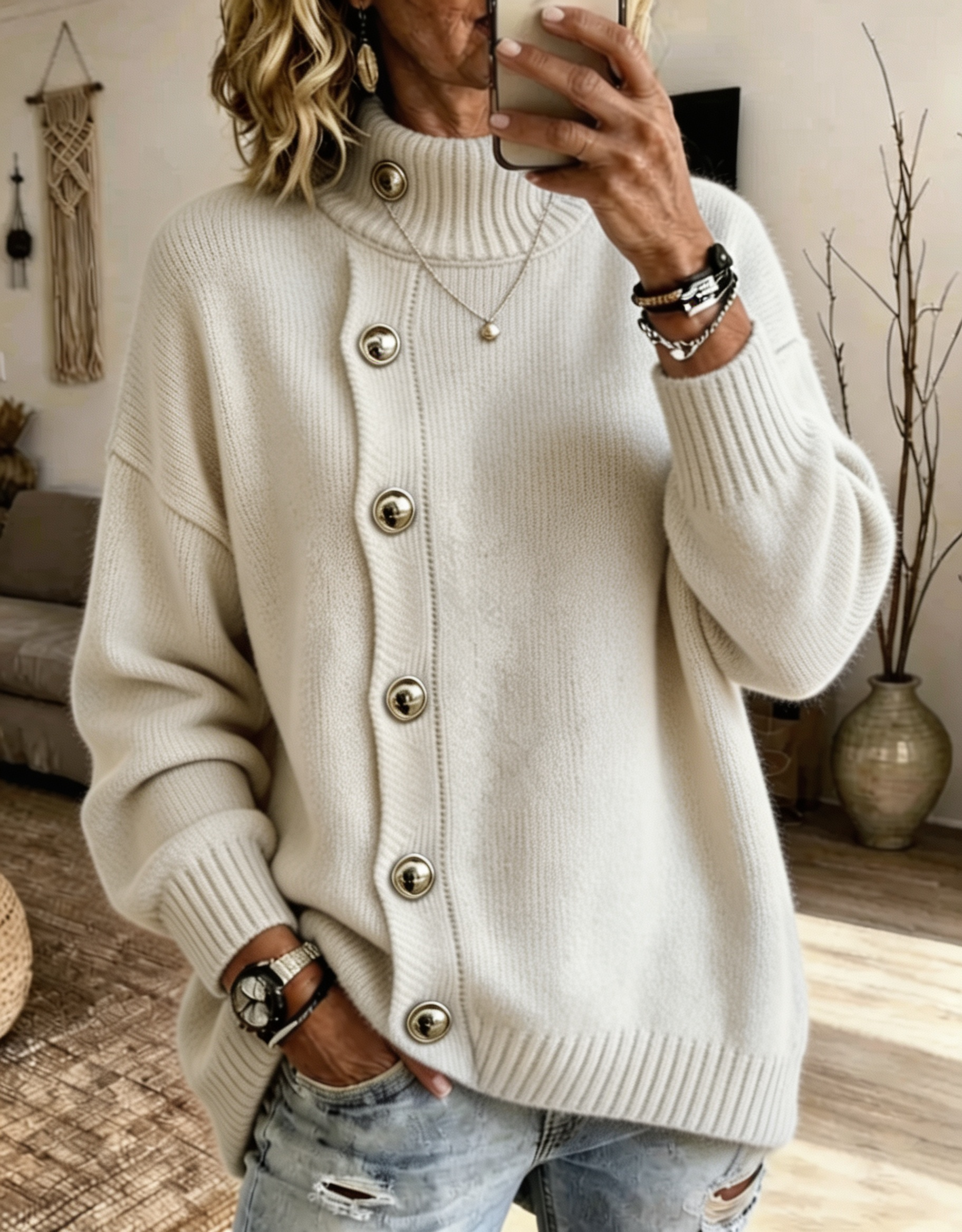 Women Stand‑collar Button Knit Sweater