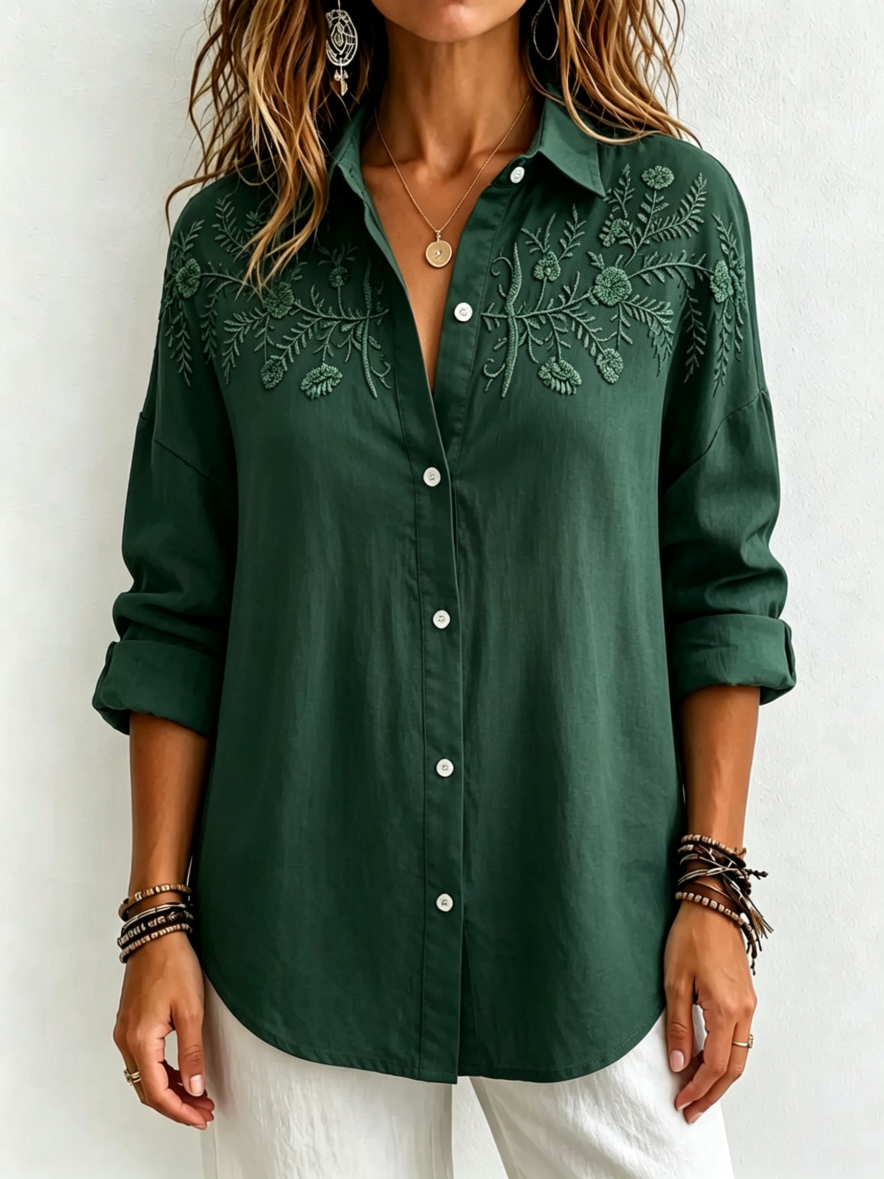 Women Embroidered Linen-Blend Button Tunic