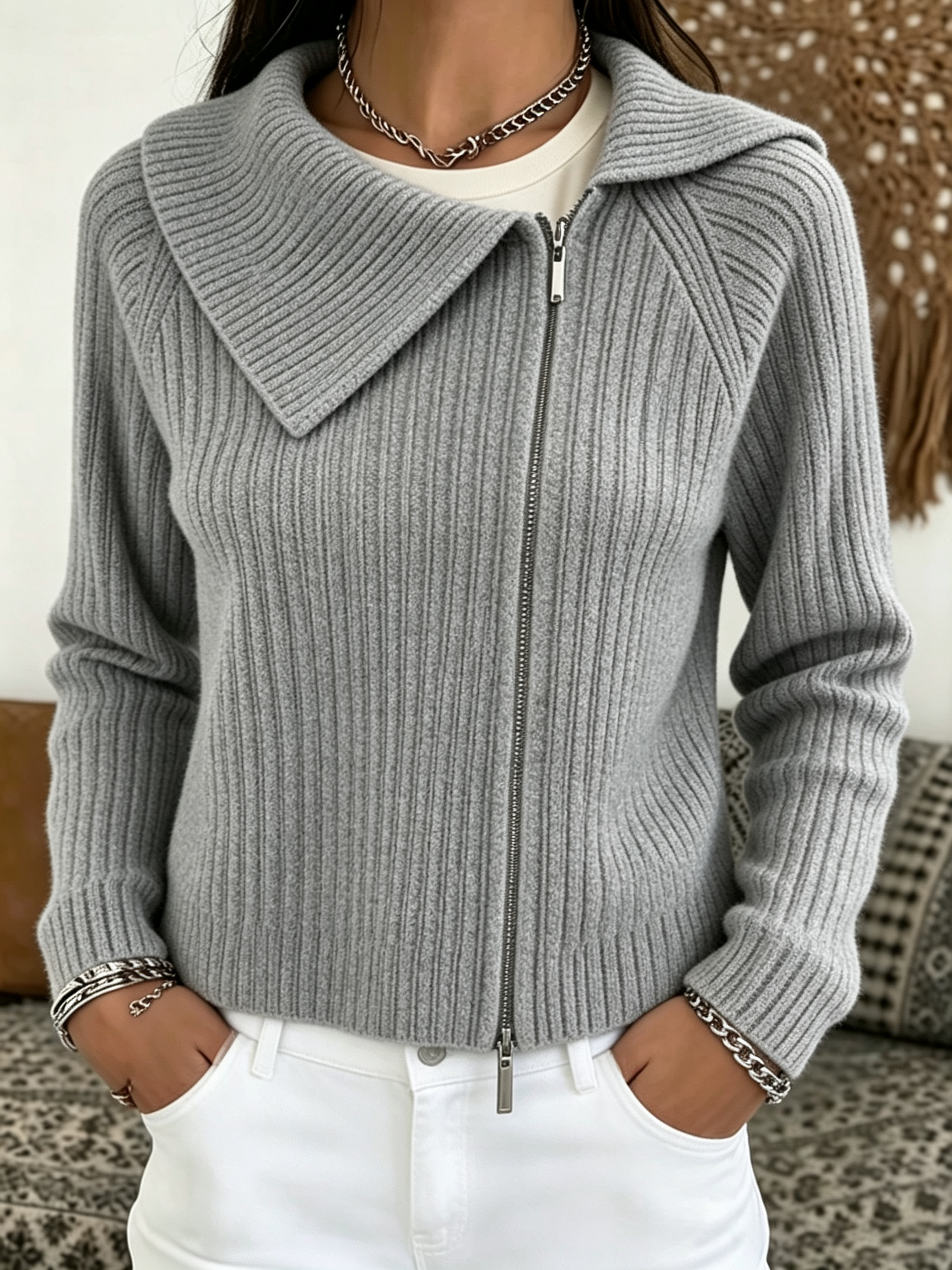 Women Ribbed Knit Zip‑Up Collared Cardigan