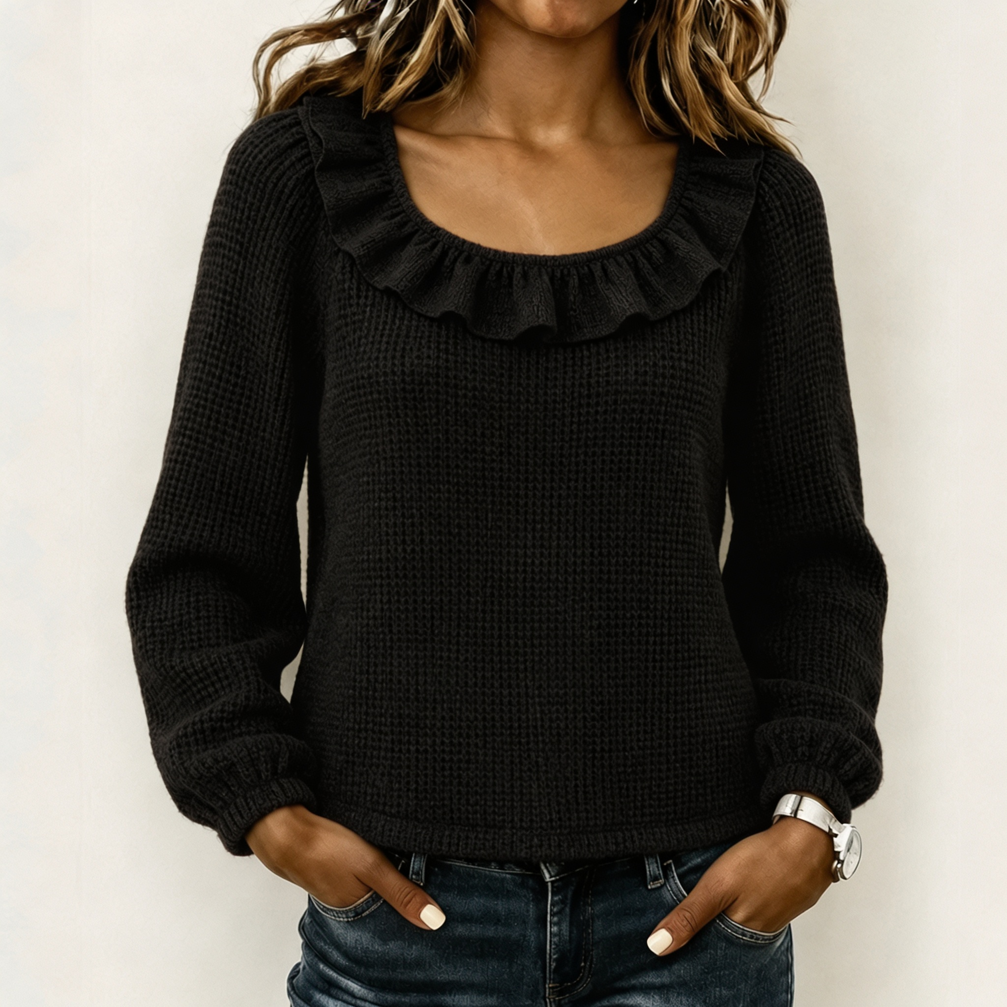Women Ruffled Neckline Textured Knit Sweater