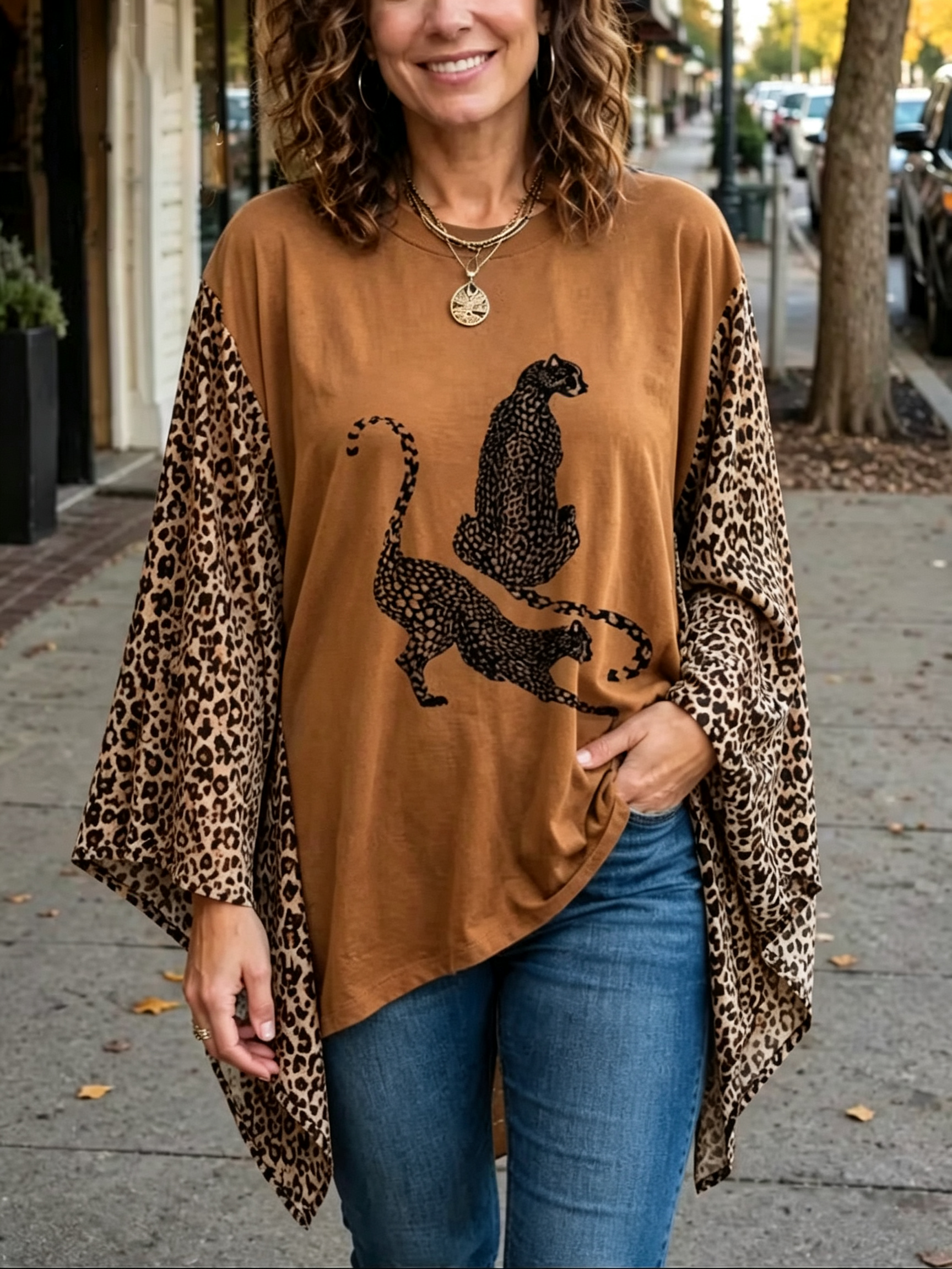 Charcoal Leopard Graphic Tunic with Flowy Animal Print Sleeves