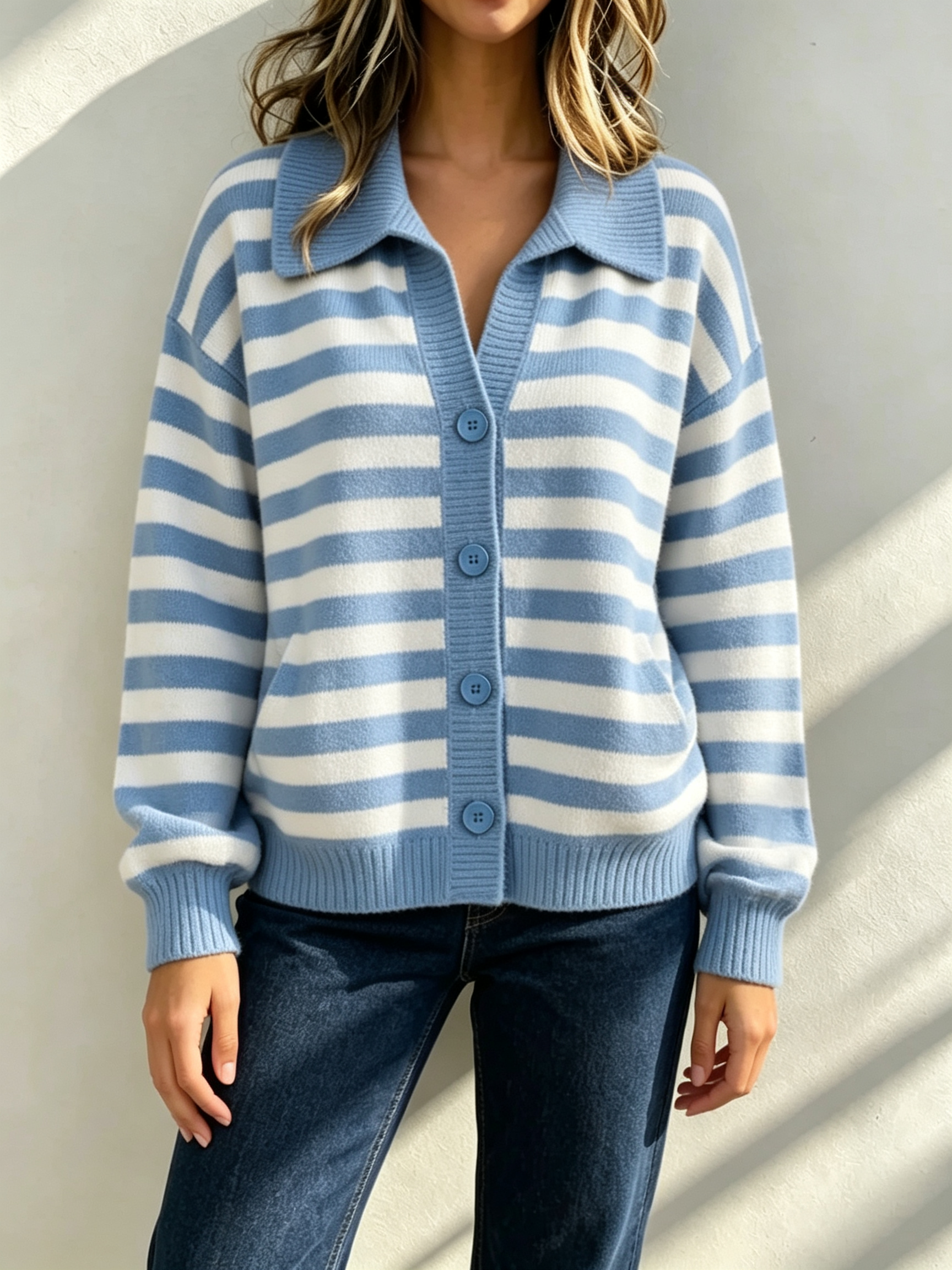 Women Cozy Striped Collared Knit Cardigan