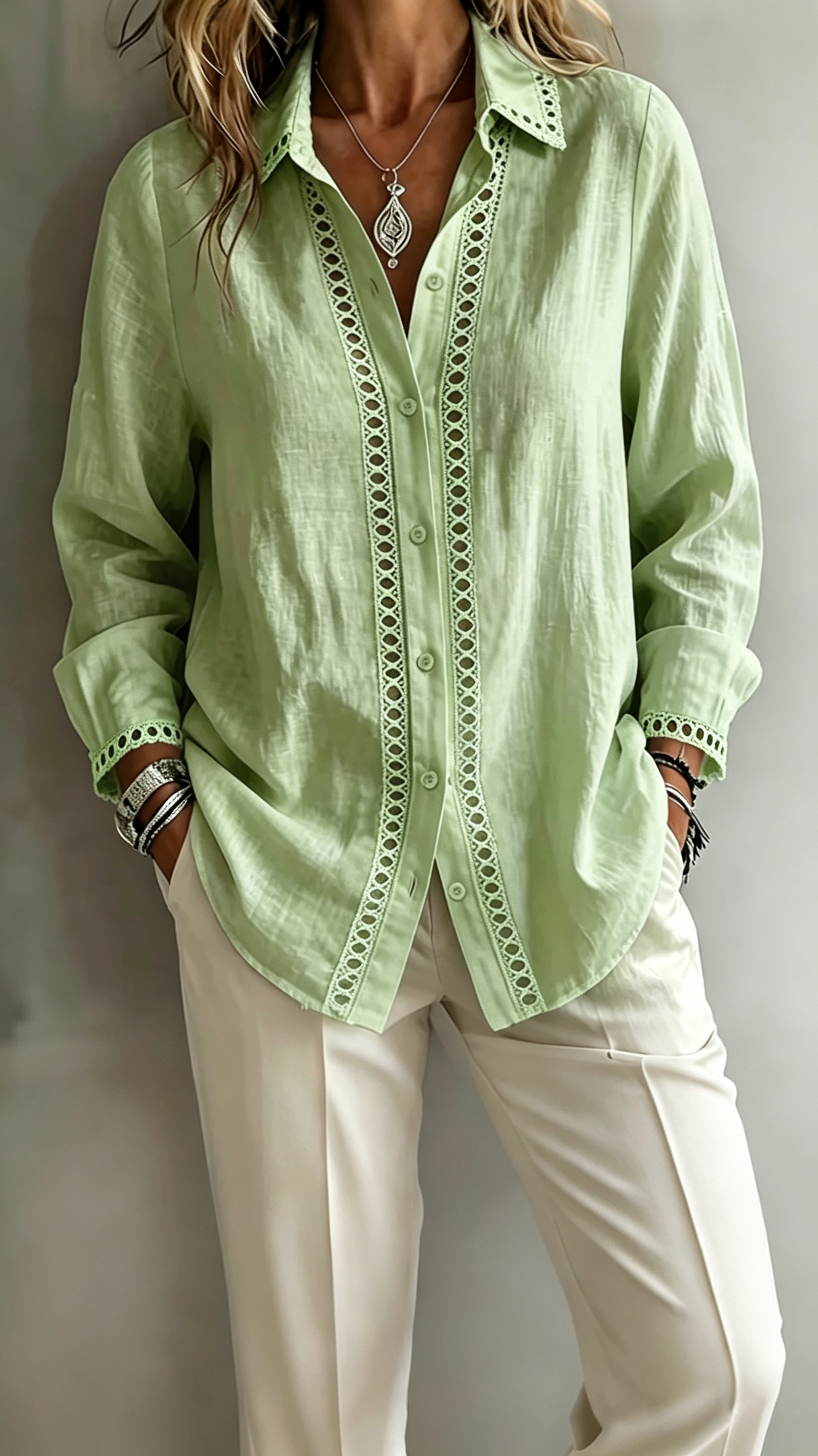 Women Elegant Lace Trim Button-Down Blouse