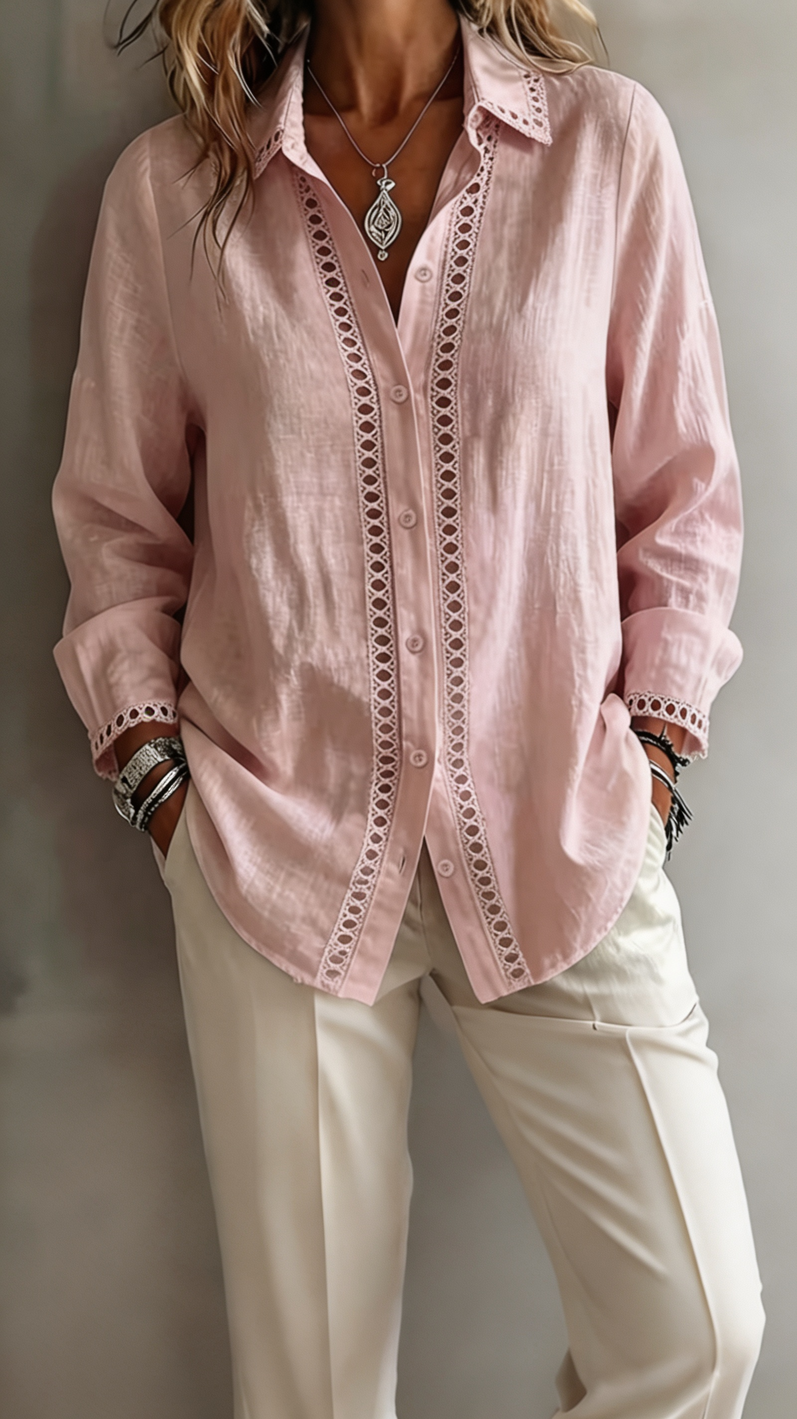 Women Elegant Lace Trim Button-Down Blouse