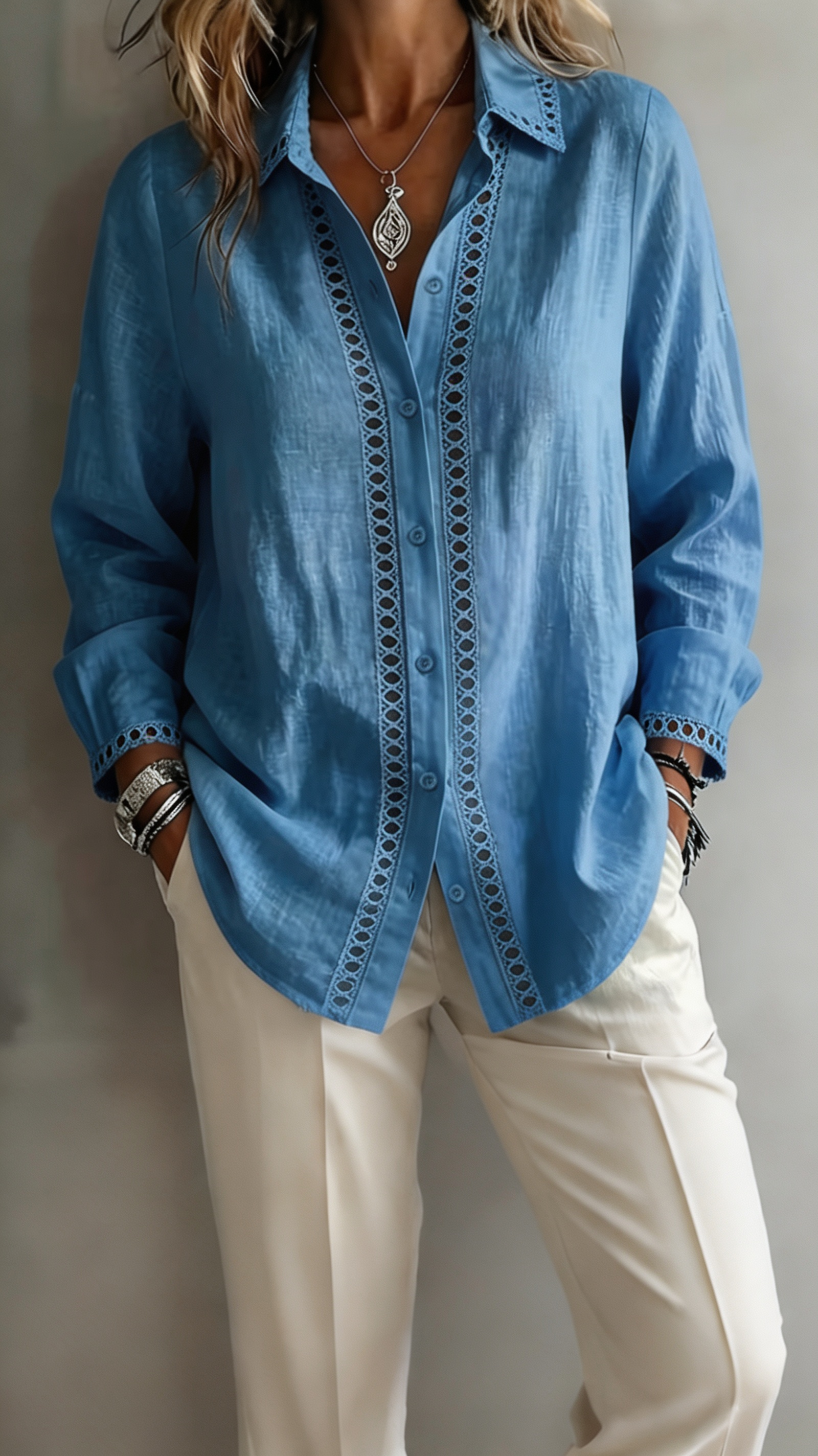 Women Elegant Lace Trim Button-Down Blouse