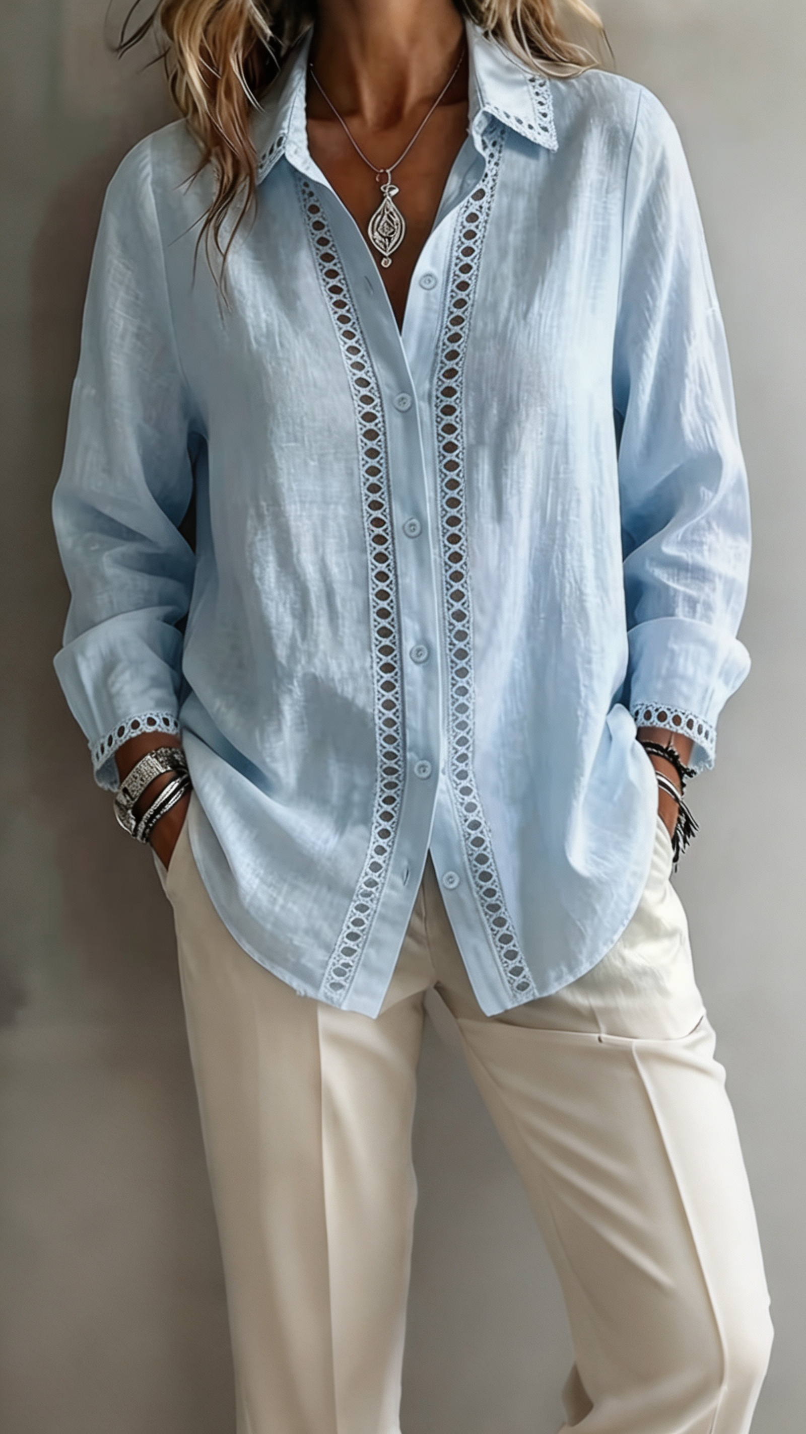 Women Elegant Lace Trim Button-Down Blouse