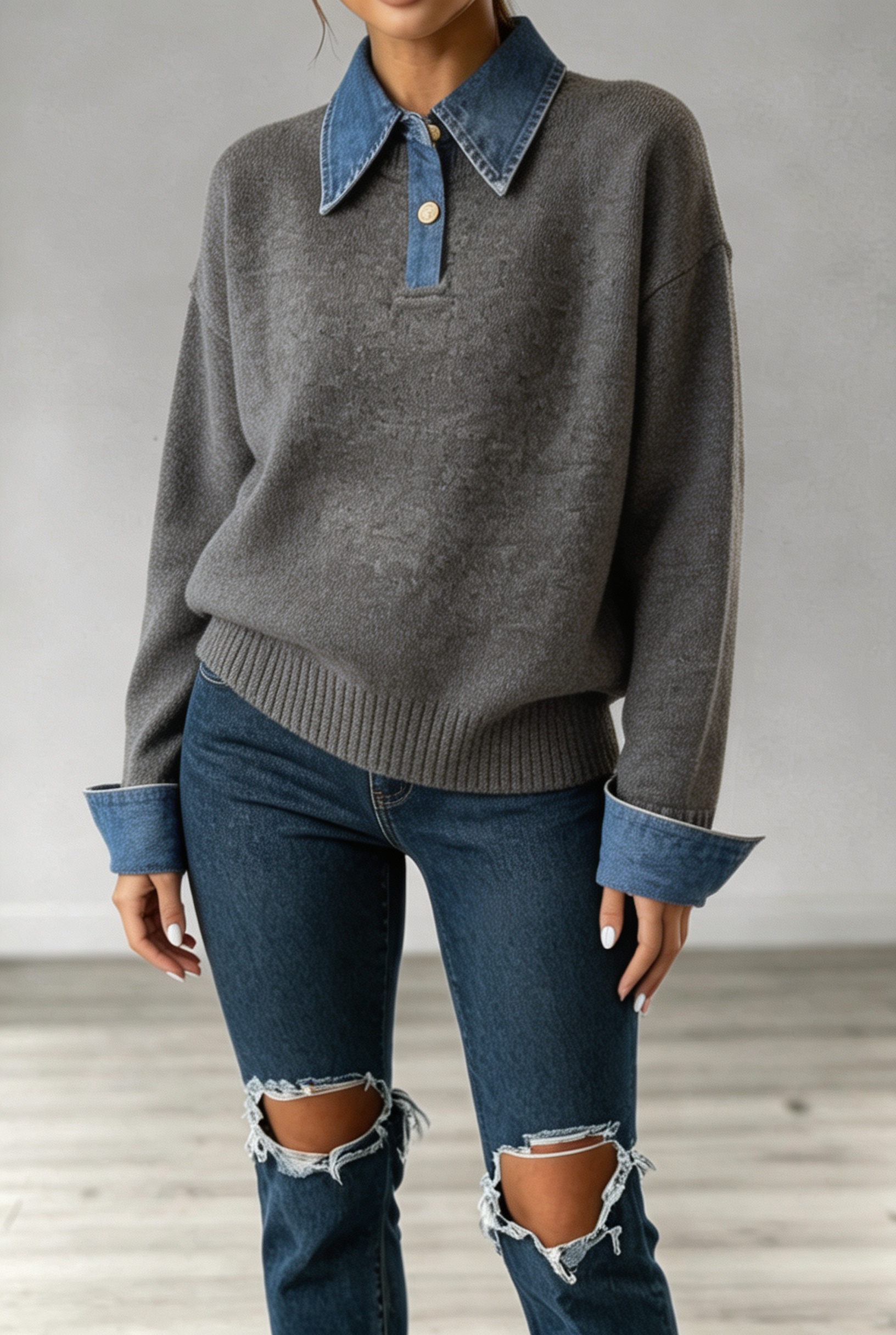 Women Classic Denim Collar Knit Sweater