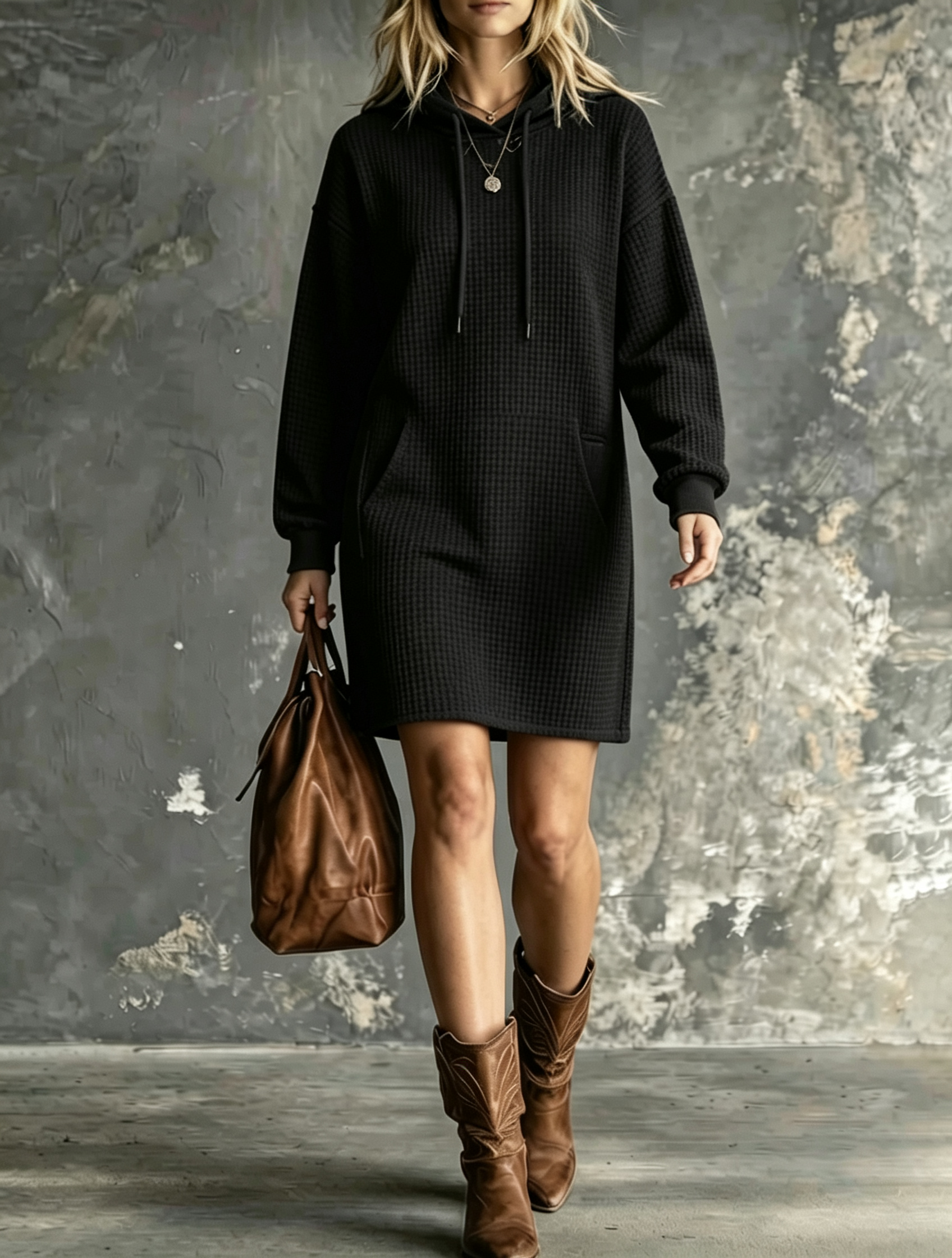 Women Textured Hoodie Mini Dress