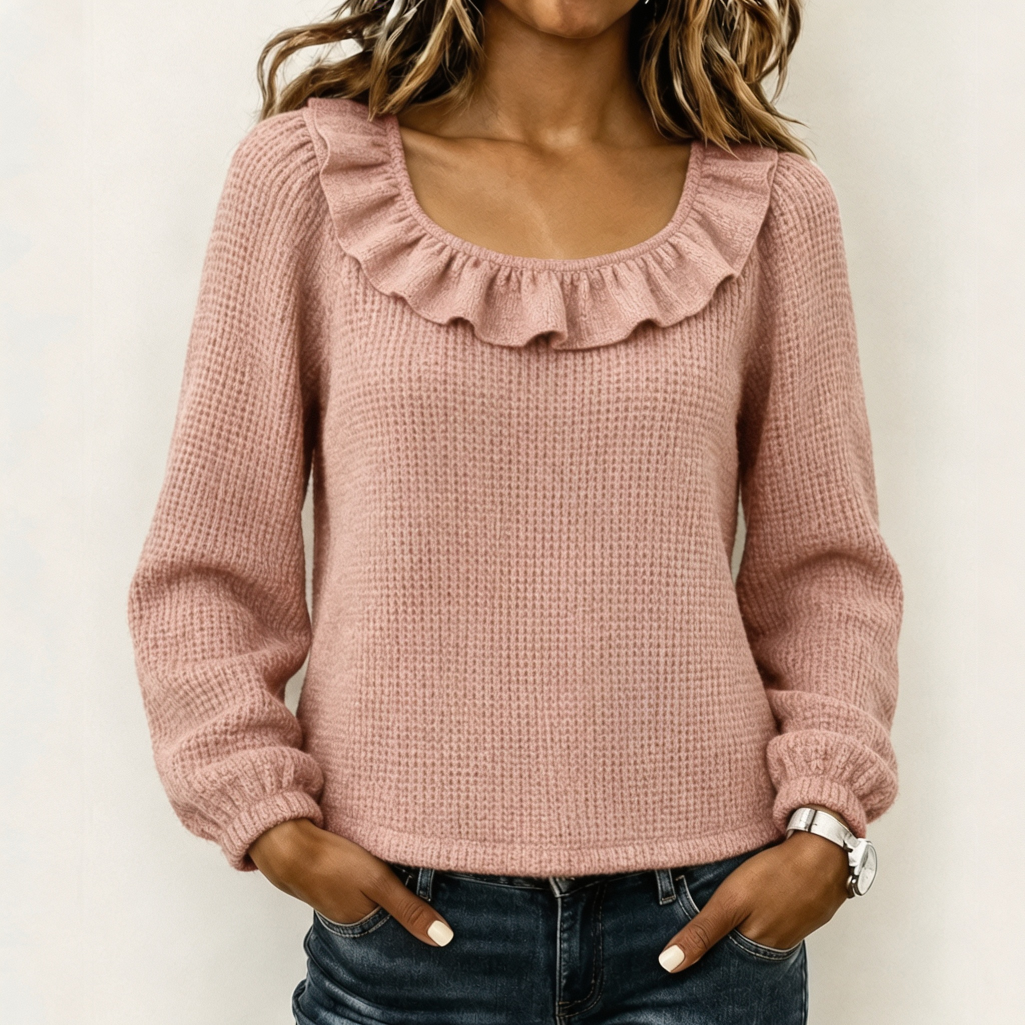 Women Ruffled Neckline Textured Knit Sweater