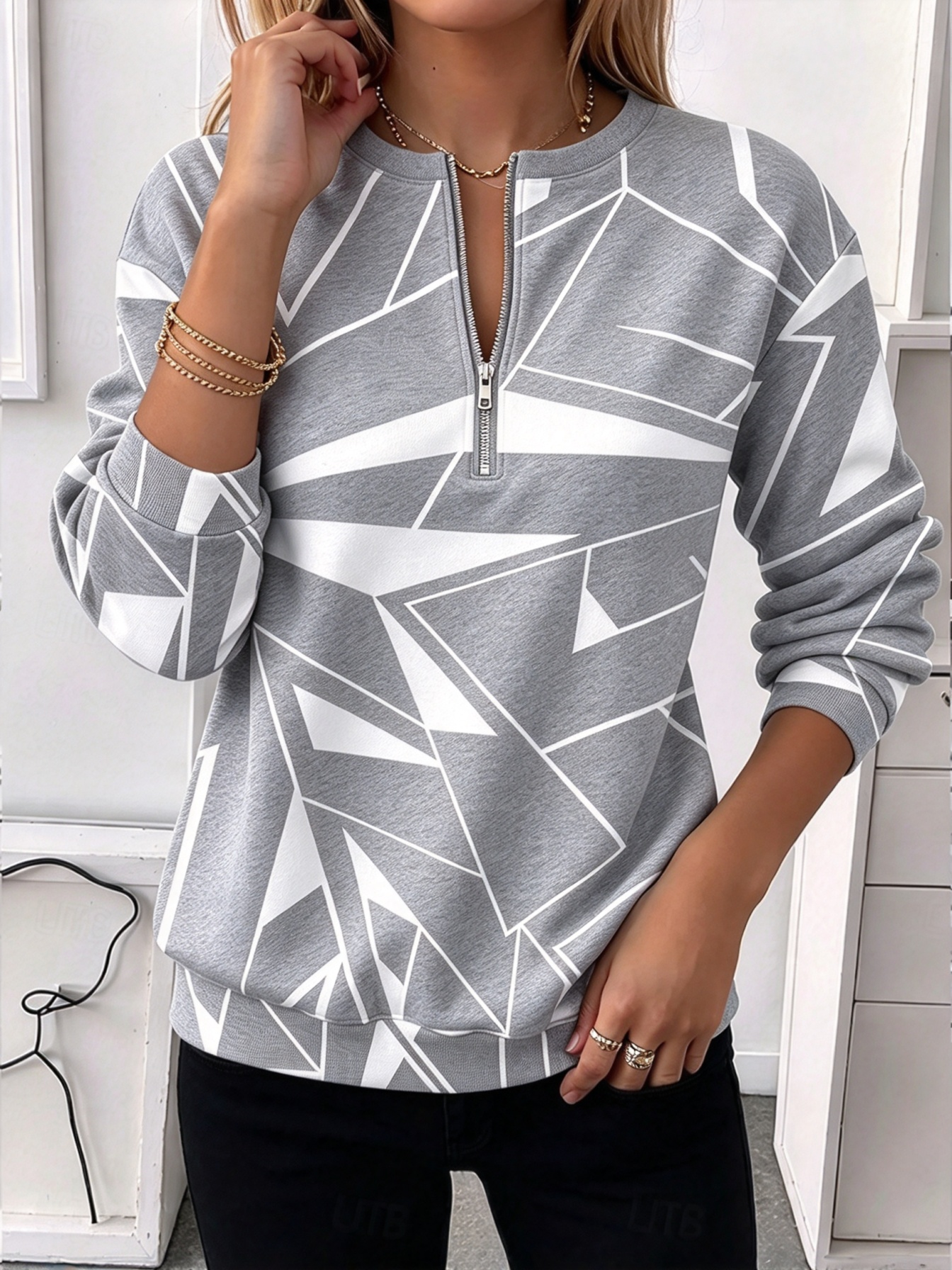 🔥CLEARANCE SALE🔥 ✨Women Geometric Print Half-Zip Pullover