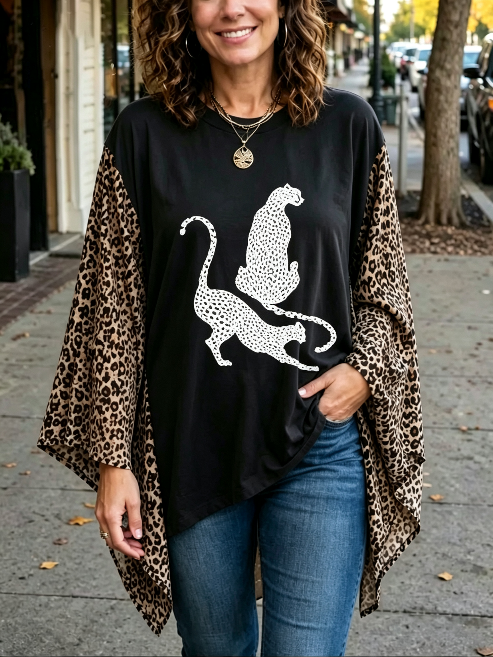 Charcoal Leopard Graphic Tunic with Flowy Animal Print Sleeves